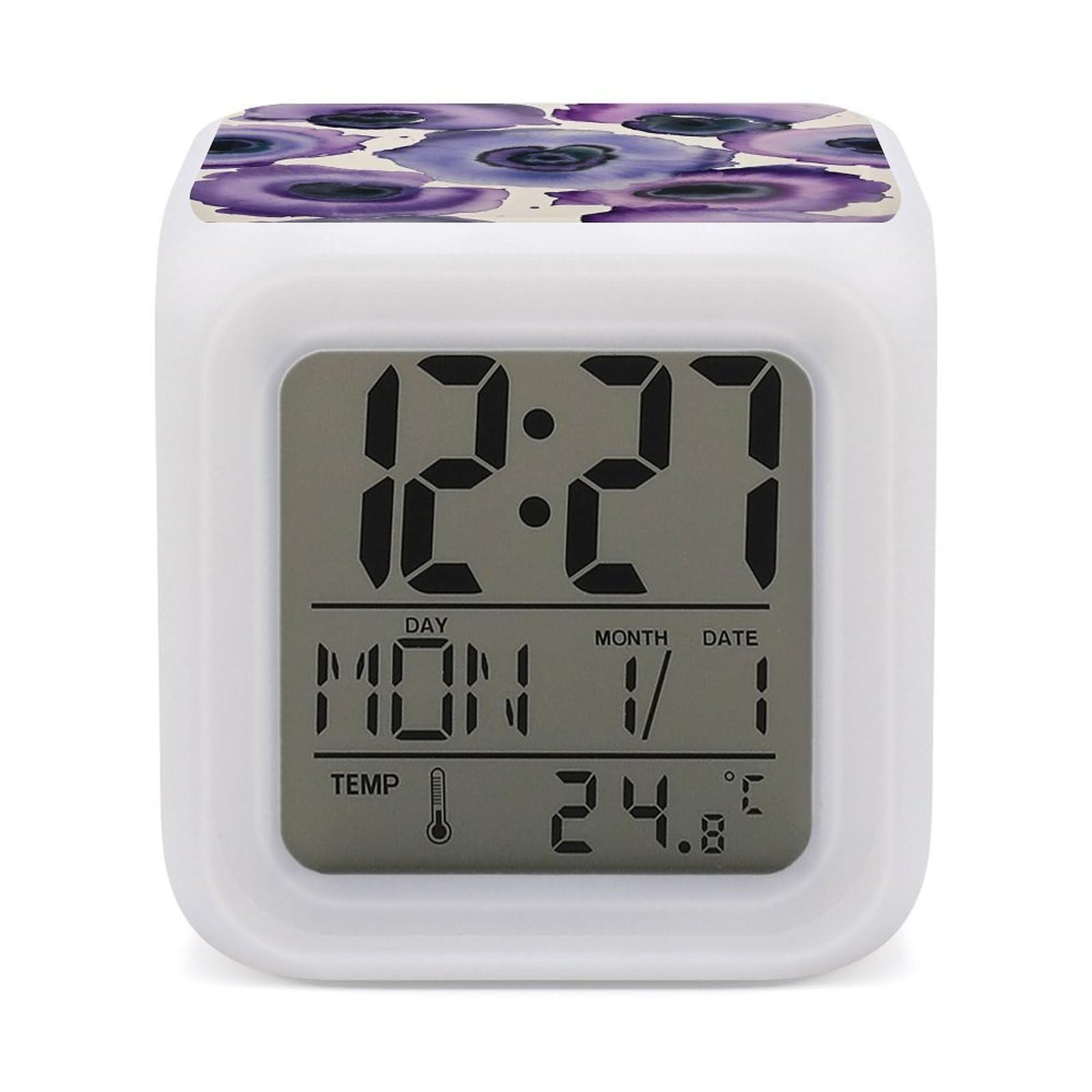 VstaDank Abstract Watercolor Purple Alarm Clock with 7 Color Changing Night Light Date Temp Display Wake Clocks LED Display Digital Clock Electric Desk Clocks for Living Office Bedroom Decor