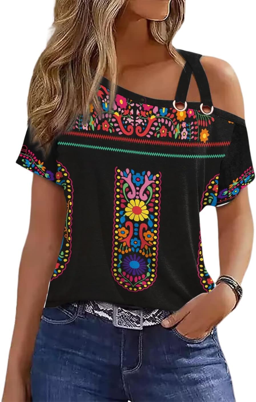 Womens Summer Trendy Cold Shoulder Short Sleeve T Shirts Criss Cross Casual Loose Tunic Shirts Tops Blouses