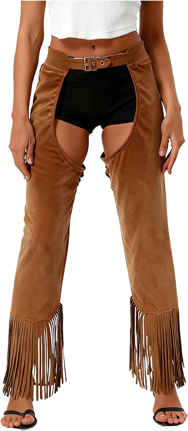 Jugaoge Western Cowboy Assless Chaps for Mens Women Hollow Out Fringe Motorcycle Chaps Pants Costume