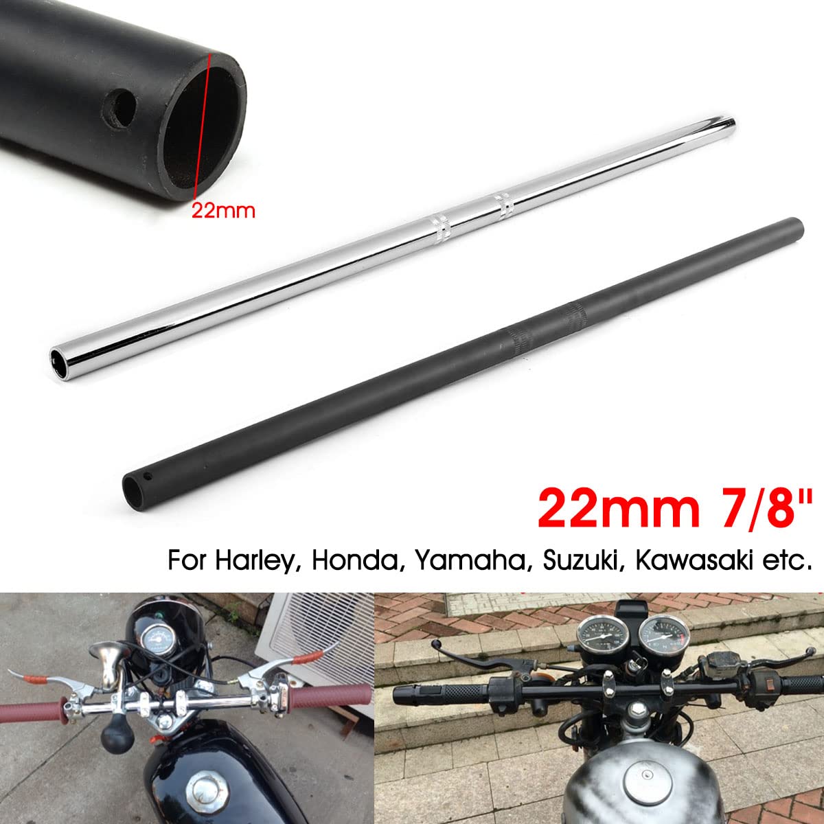 YONGYAO Manubrio da Moto da 7/8 di Pollice 22mm per Suzuki/Honda/Yamaha/Harley Universale-Cromo