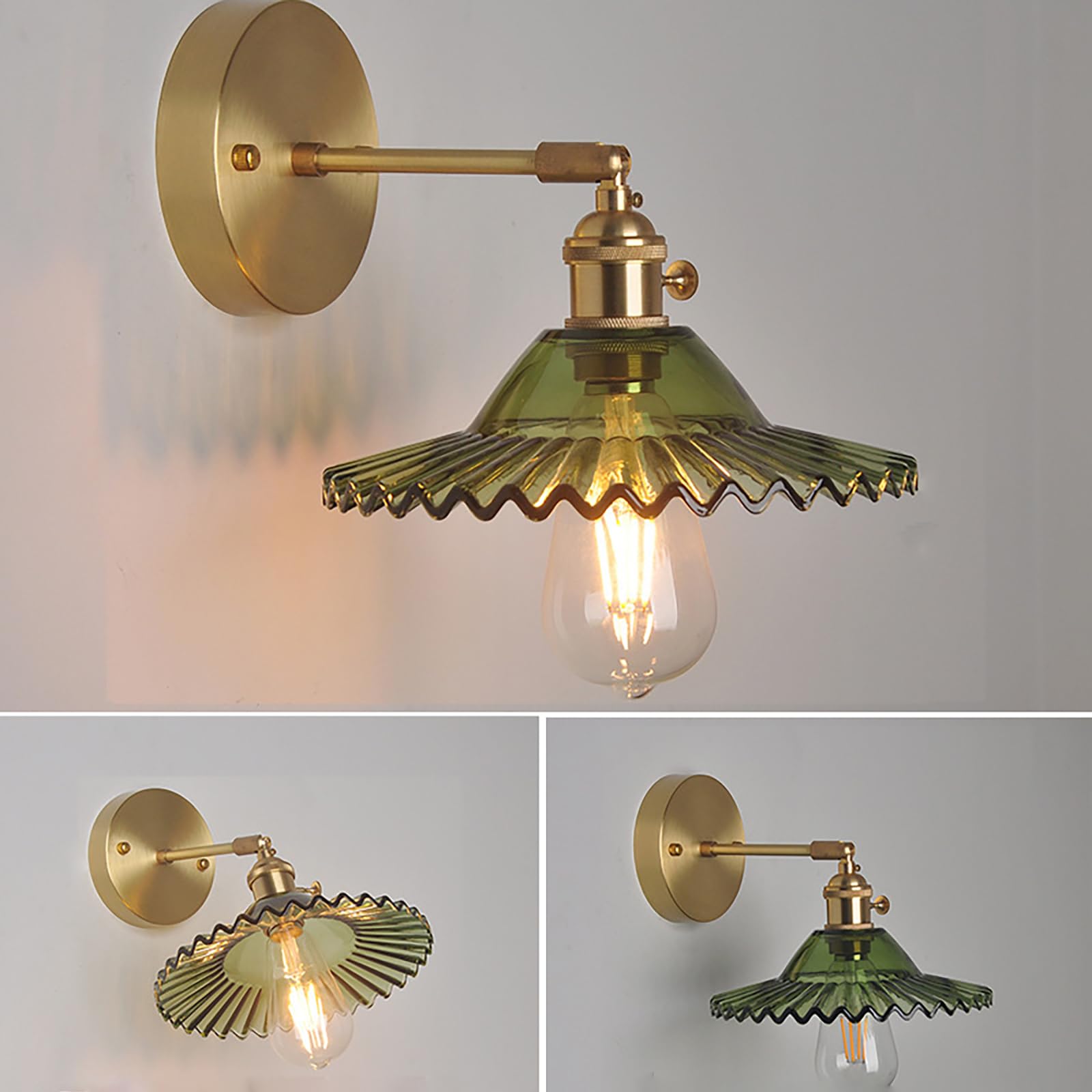 2 Pack Lámparas de Pared con Pantalla de Cristal, Iluminación de Pared Moderna E27, Lámparas de Pared de Cristal Verde, Lámparas de Pared Ajustables para Dormitorio Baño Salón