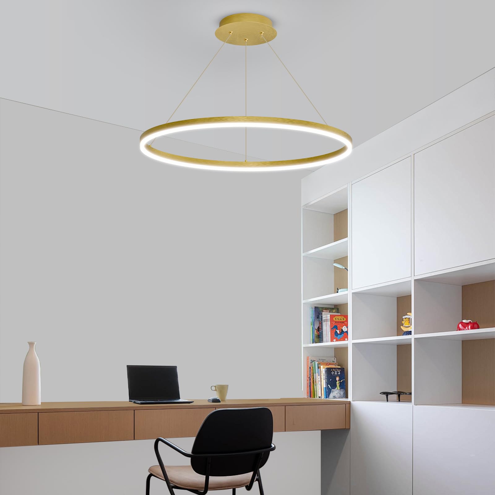 Mikeru Lampadario LED Oro 40cm, Lampada Sospensione Lineare 3000k/4500k/6500k Telecomando dal 10% al 100% Lampadario LED Soffitto Moderno Nero con Funzione di Memoria per Camere da Letto