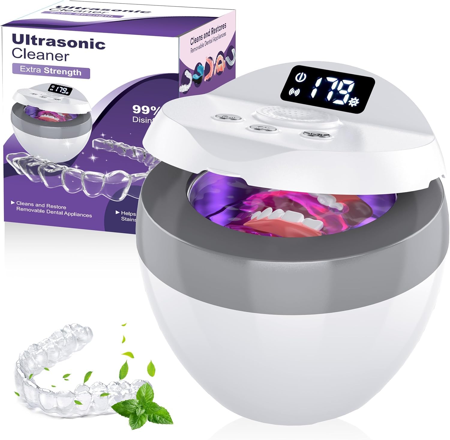 Pulitore ad ultrasuoni 45 kHz, UV a ultrasuoni, 35 W, per la pulizia e la deodorizzazione, pulitore ultrasonico per allineatori, protesi dentali, 200 ml