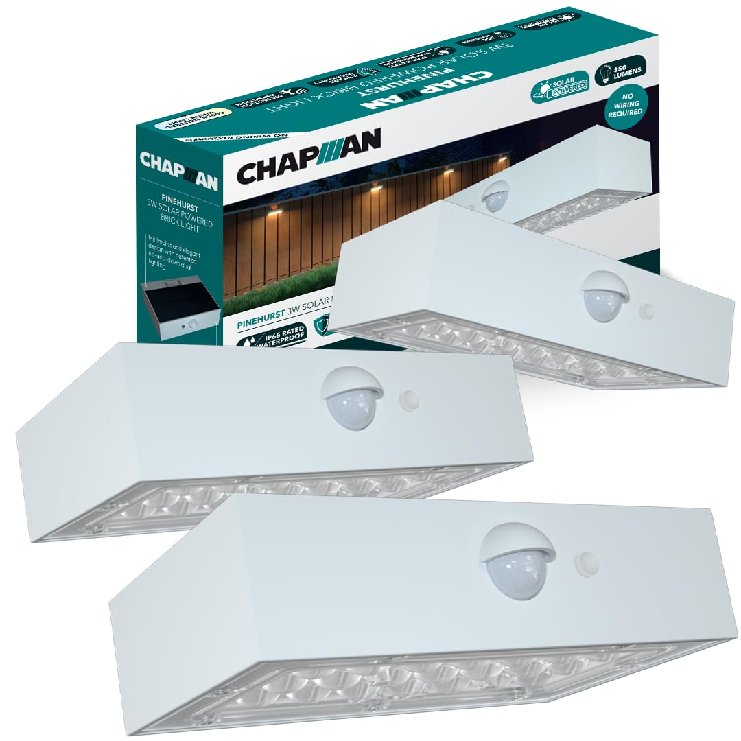 Chapman Pinehurst 3W PIR LED Solar Brick Lights Outdoor, IP65 Waterproof Wall Lights, Motion Sensor, 4000K Cool White Solar Lights for Garden, Driveways & Outdoor Security Lighting (3 Pack - White)