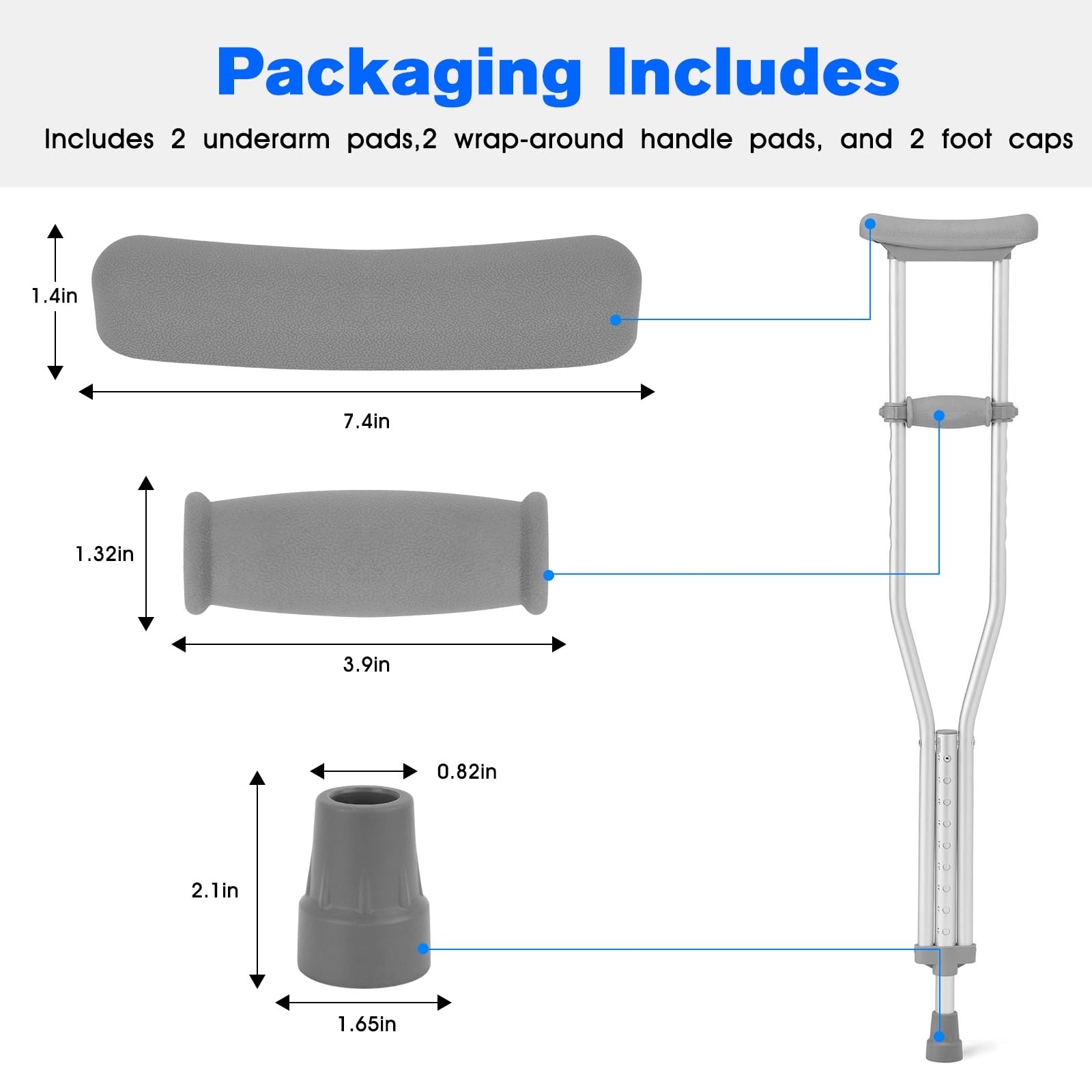 Almohadillas de repuesto para muletas de repuesto para axilas, muletas para caminar, muletas de brazo, empuñaduras y tapas de pies, se adapta a muletas de aluminio estándar, juego de 6 piezas