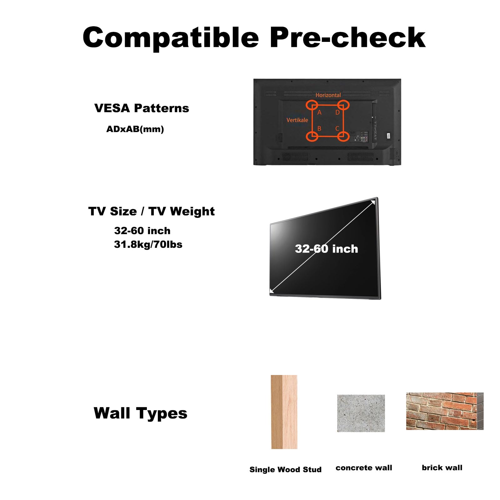 Supporto da parete per TV Full Motion, orientabile e inclinabile, per TV da 32" a 60" e schermi piatti, LED LCD fino a 31,8 kg, VESA da 100 x 100 mm a 400 x 400 mm, nero