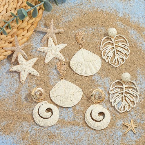 4 Pairs of Tropical Beach Beige Raffia Dangle Earrings Set for Women, Raffia Seashell Starfish Conch Palm Leaf Earring, Lightweight Summer Boho Ocean-Themed Mix Match Statement Jewelry Gift Set4