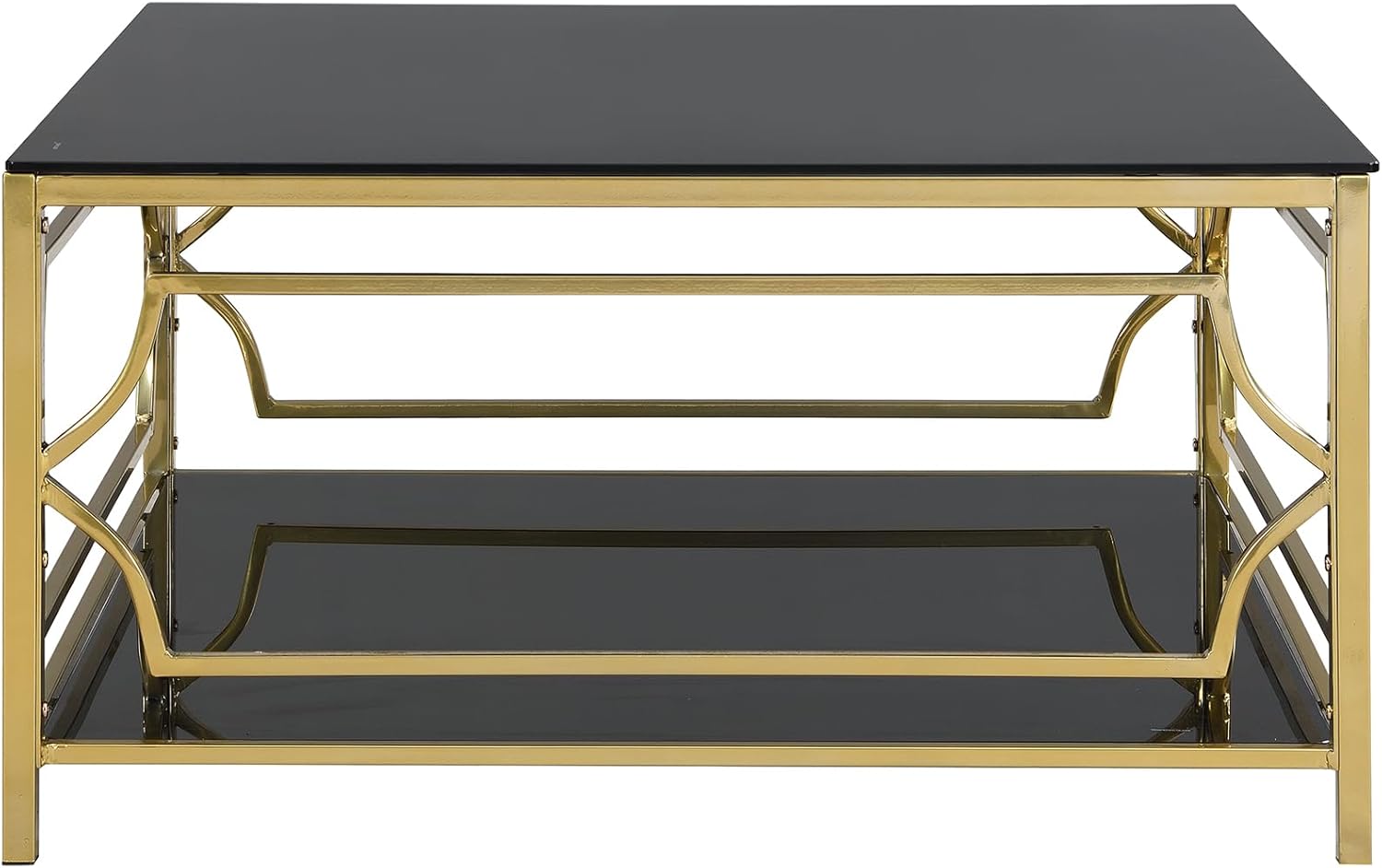 Square Glass Coffee Table in 33.5",Luxurious Geometric Metal Frame,Gold Finish & Lower Shelf, Black