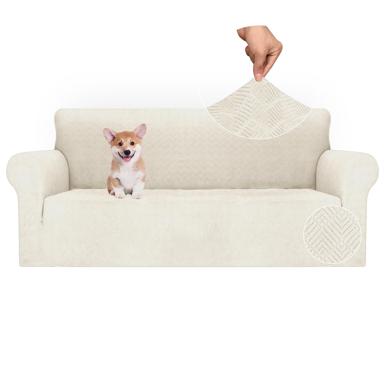 Ystyle Sofa Cover 3 Seater Adjustable, Elastic Sofa Covers, Anti Cat Dog Sofa Cover, Sofa Cover with Armrests, Jacquard Covers Sofa Slipcover, Washable, Cream Global Recycled Standard Global Recycled Standard Global Recycled Standard