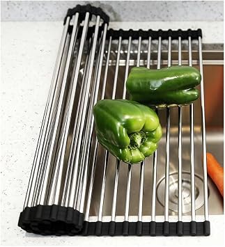 Over Sink Dish Drying Rack, Roll Up Dish Drainer with Anti-Slip Silicone for Dishes, Vegetables & Fruits, Space-Saving Kitchen Organizer Black, 43x24cm/16.9x9.4in