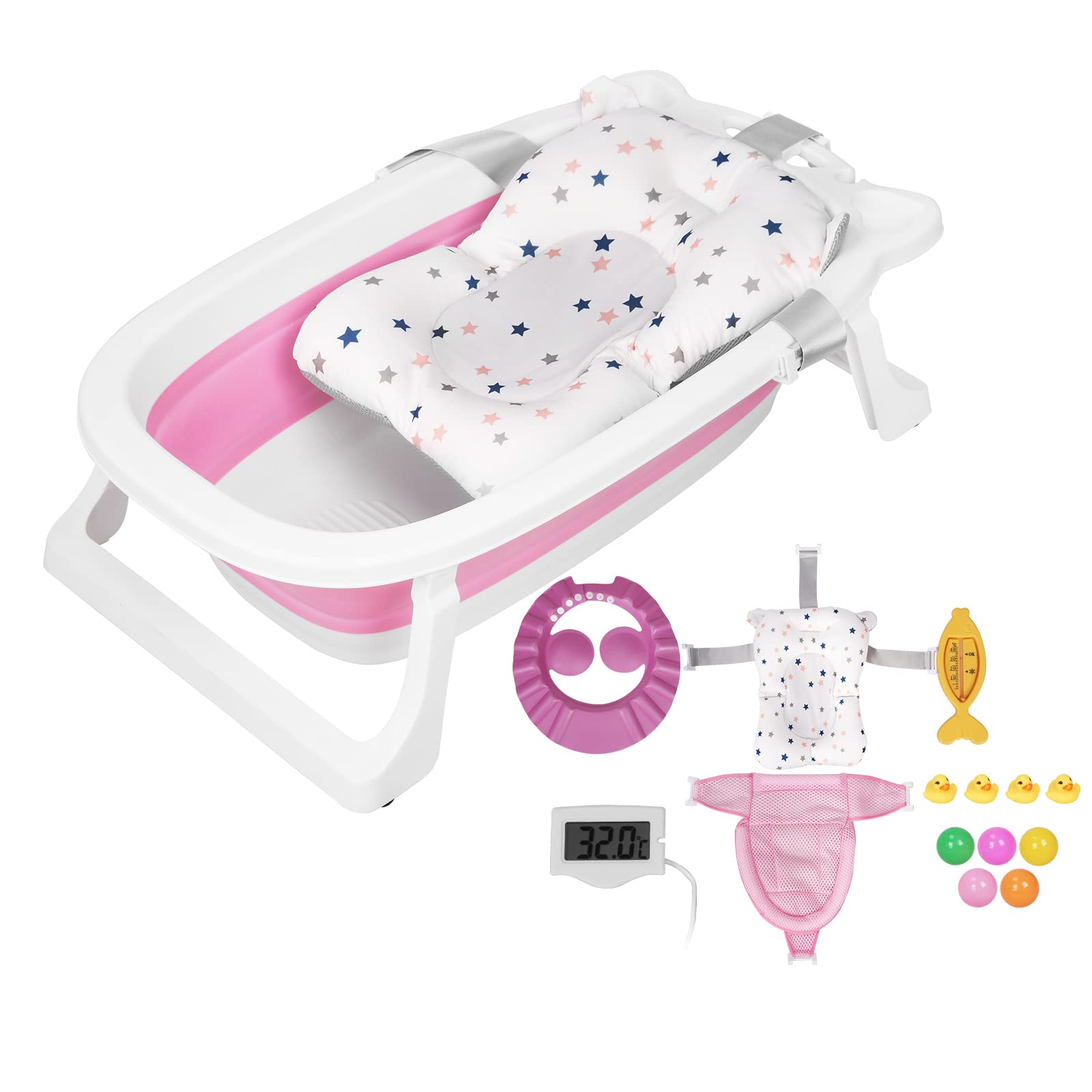 Bañera Plegable Multifuncional para Bebés y Niños Pequeños Con Termómetro, Cama de Baño y Juguetes, Antideslizante, 0-8 Años (Rosa)