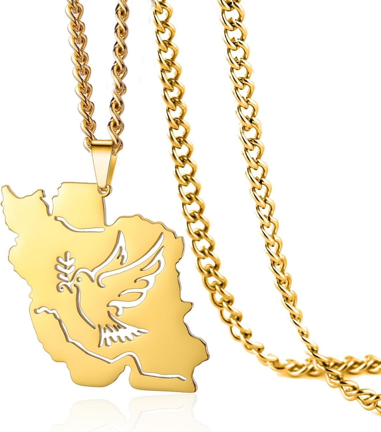 GIOFEOIK Iran Map Pendant Necklace with Dove Flag Colour CZ Stainless Steel Persian Patriotic Jewellery Gift for Women Men, Gold 1