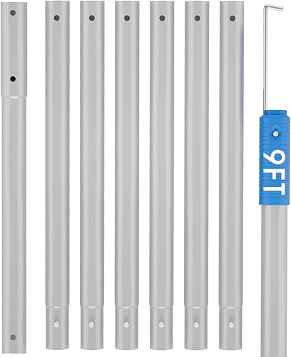 Poste de piscina mejorado de 9 pies de largo con gancho oculto, postes extendidos de aluminio para cepillo de red de desnatador y cabezal de vacío,