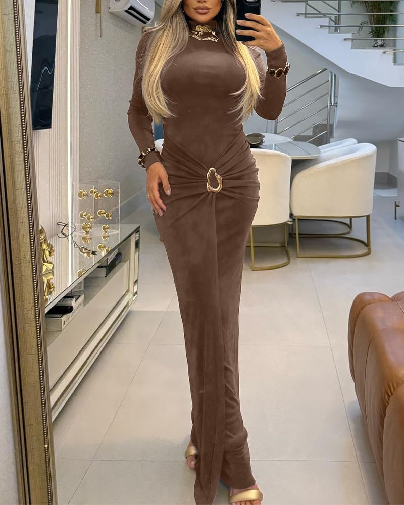 Women Bodycon Maxi Dress Mock Neck Long Sleeve Ruched Elegant Cocktail Dresses Zipper Back Evening Dress - Image 5