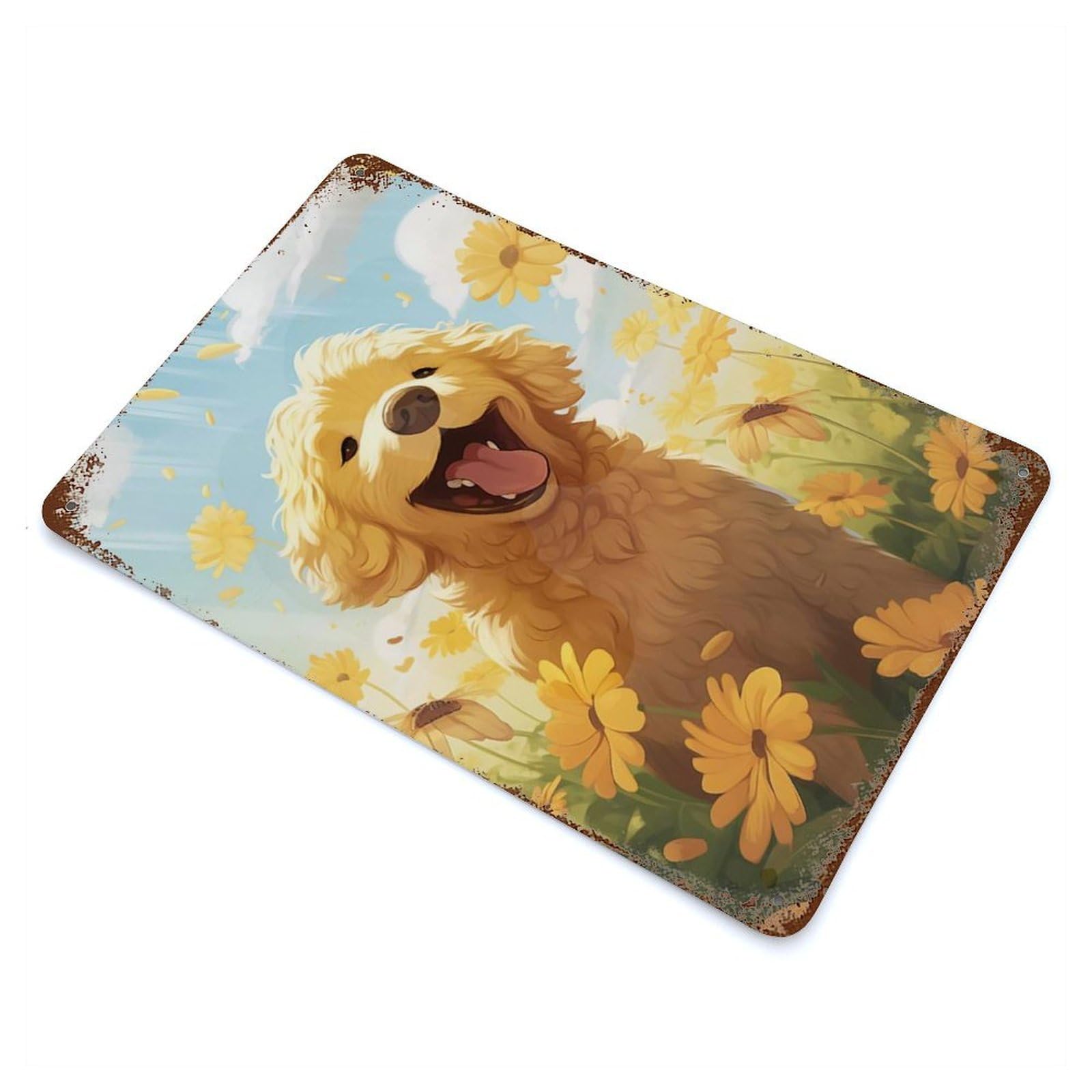 Garage Style Cute Happy Goldendoodle Distressed Metal Wall Sign 11.8"x7.9", Novelty Wall Decor for Bar And Workshop