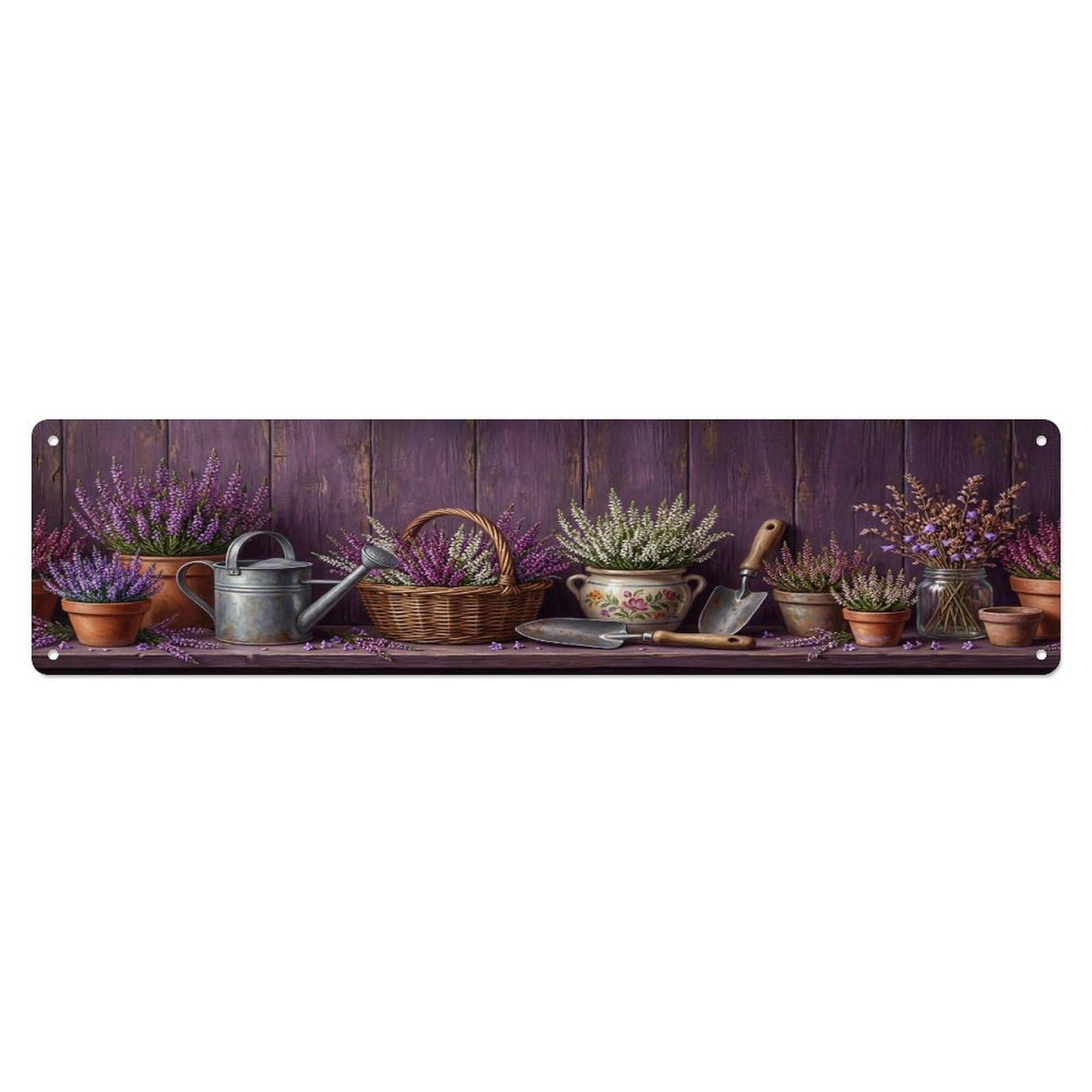 Floral Garden Tools Heather Pot Pattern Print Metal Tin Sign