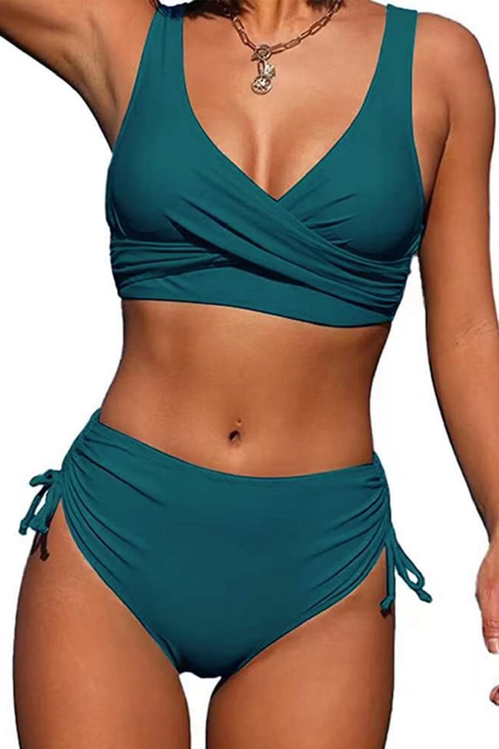 CheChury Bikini Mujer Traje de Baño de Cintura Alta Vintage Cuello en V Push Up Relleno Tops y Lateral con Cordones Braguitas Conjunto de Bikini de Color Sólido