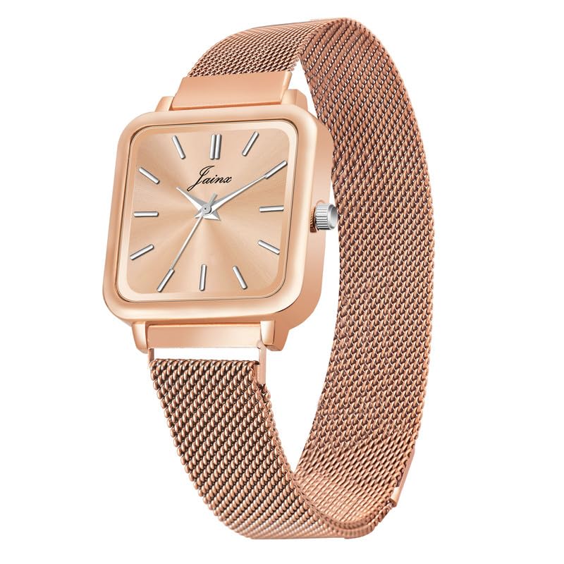 Image of jainx Square Dial Rose Gold Mesh Chain Analog Wrist Watch for Women (Rose Gold /Brown /Black /Silver /Green Color Dial)