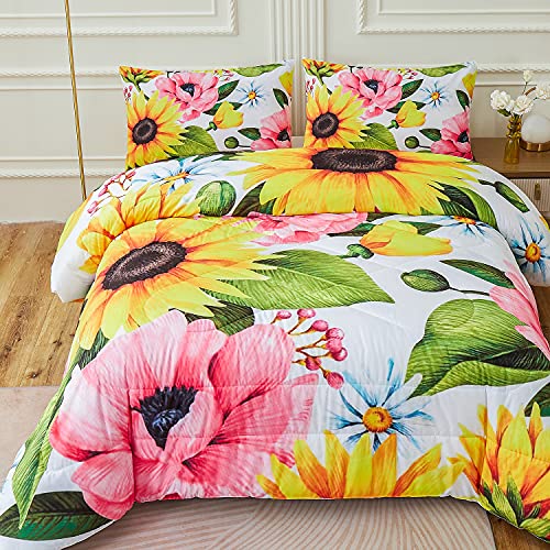 Namoxpa Sunflower Comforter Sets,Floral Seamless Pattern With Decorative Sunflowers, Poppies, Daisies And Leaves,Decorative Bedding Comforter Sets With 2 Pillow Shams, Queen Size #TOP13
