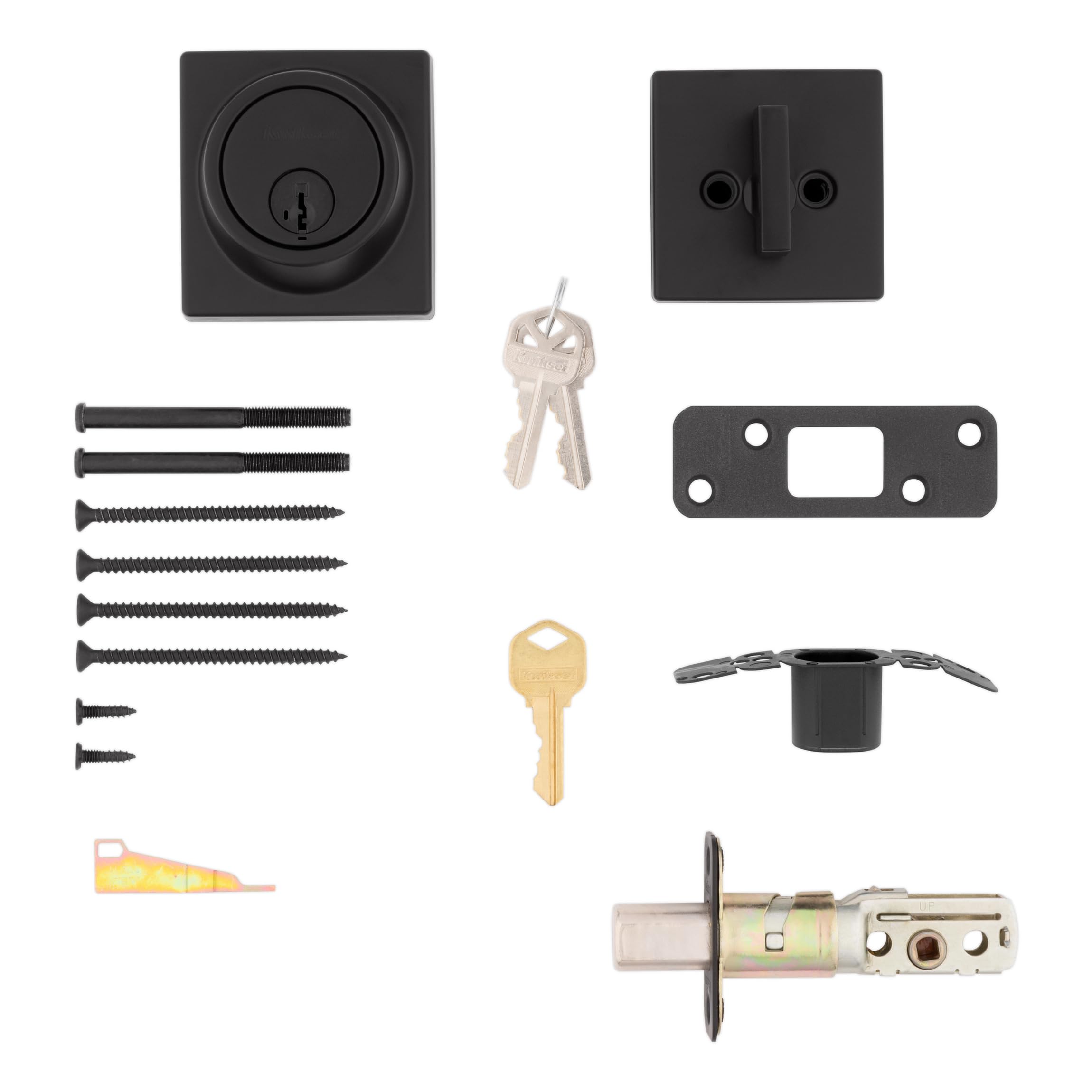Kwikset 817, Serratura a chiavistello, nero opaco, quadrato, con chiave esterna, porta d'ingresso anteriore, resistente allo scassinamento, serratura a cilindro singolo, con protezione Microban