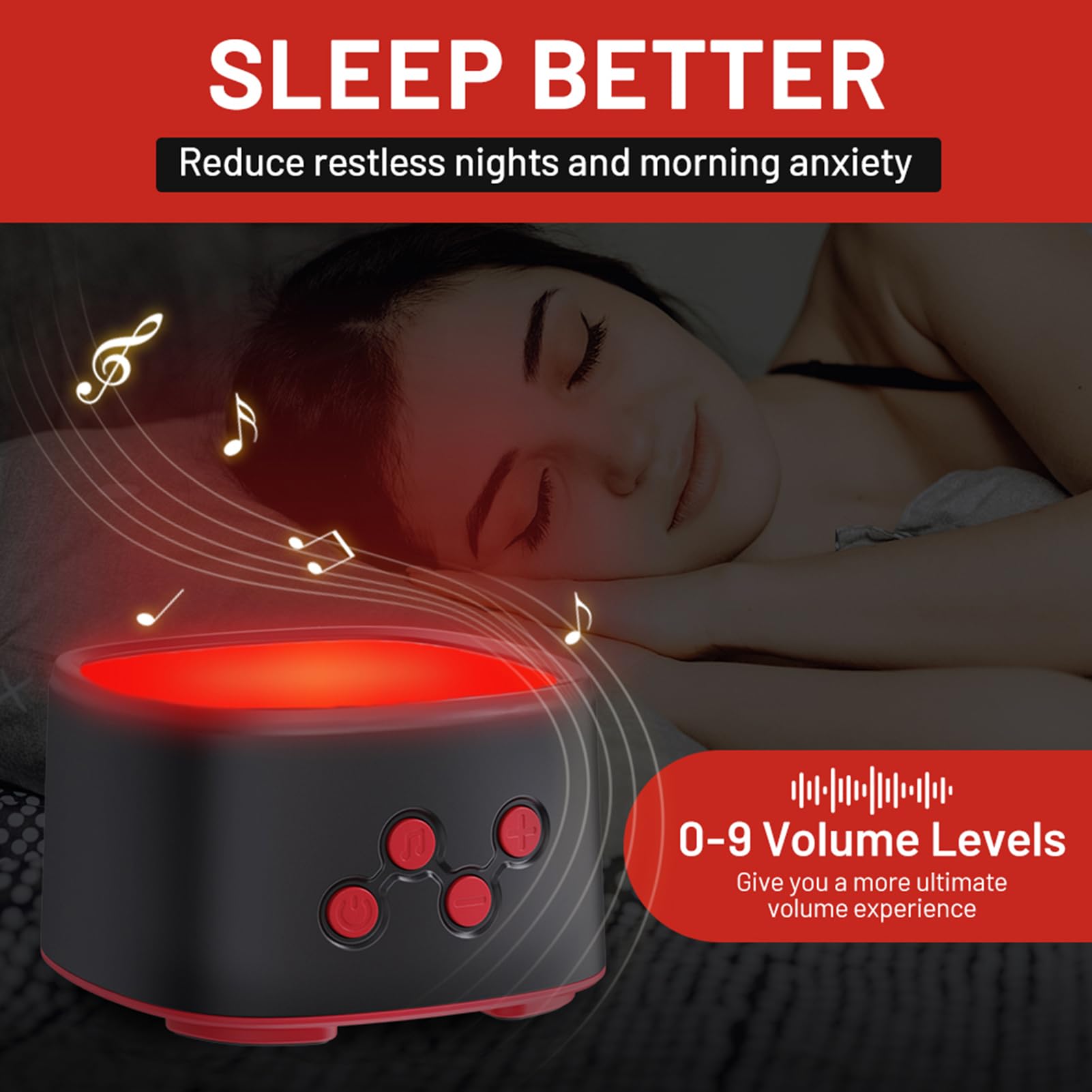 BRRNOO Macchina per Dormire con Rumore Bianco e Luce Rossa, luminosità e Volume Regolabili con 8 Suoni della, per Camera Letto, Casa, Ufficio, Meditazione, Relax (BLACK)