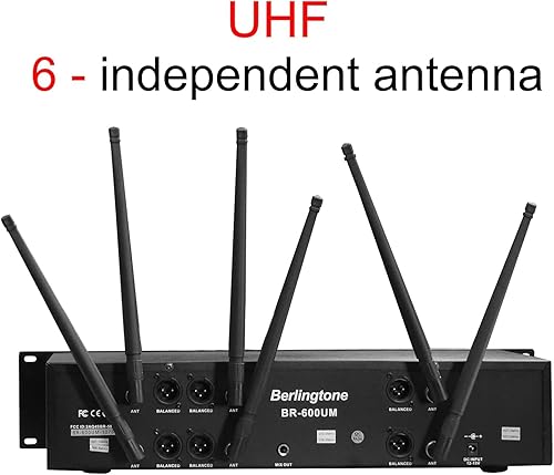 Miniatura 2 de Berlingtone BR-600UM- Sistema de micrófono dinámico de mano inalámbrico profesional UHF de 6 canales, canal fijo, con 6 antenas independientes,