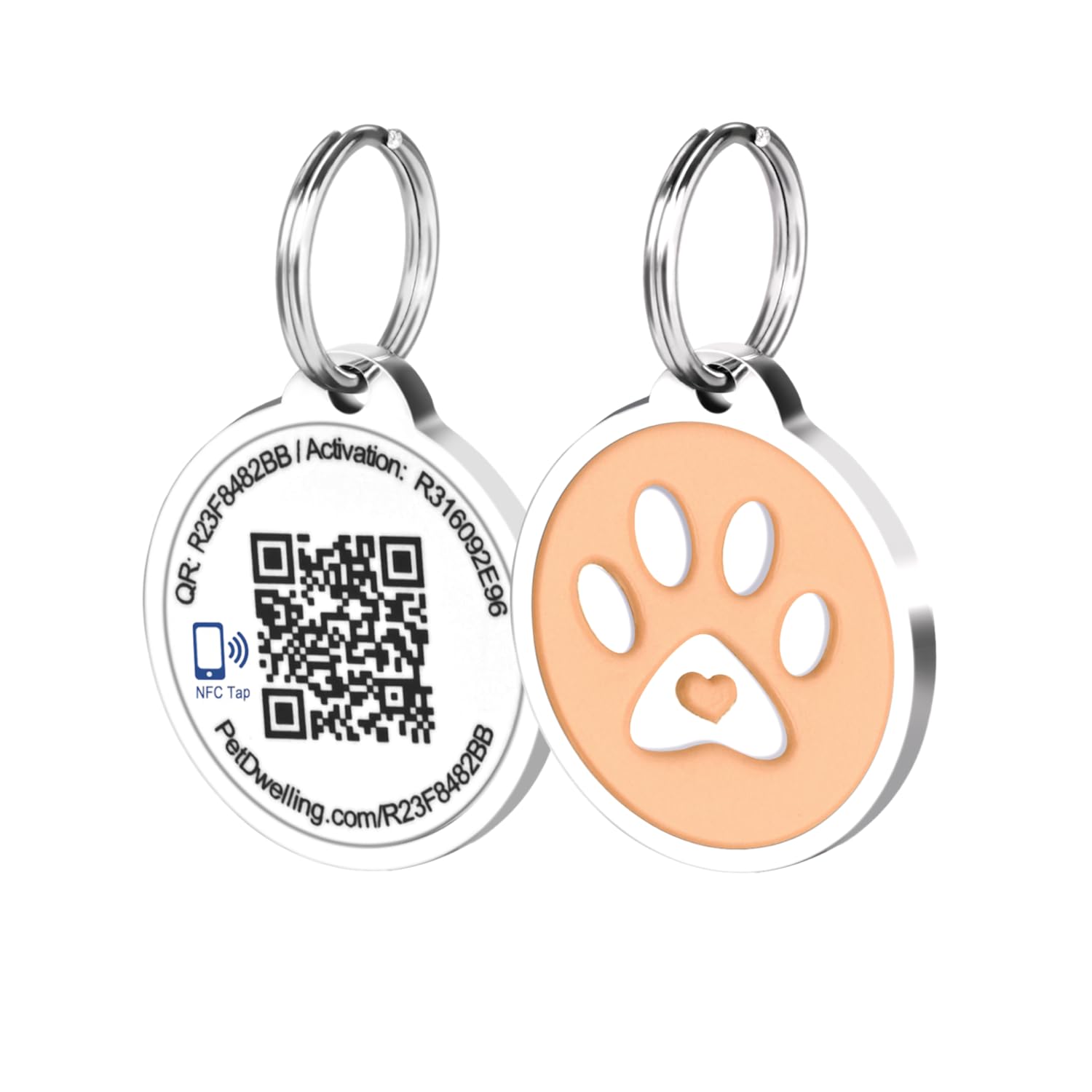 Pet Dwelling Smart Dog Tag | NFC Tap + QR Scan | Sofortige Benachrichtigungen (Peach Paw)