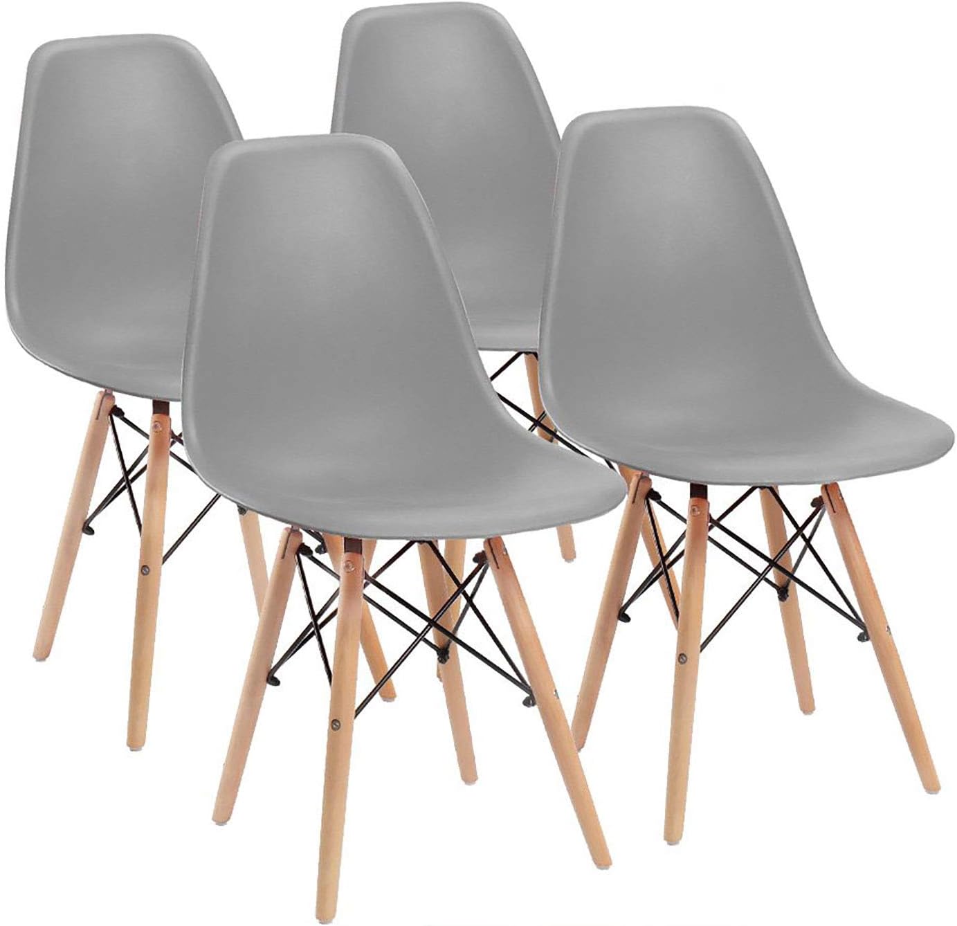 Armless Classic Eames Plastic Chair, Mid Century Modern Style Dining Chairs Indoor Wooden Legs Set of 4 for Kitchen, Dining Room, Bedroom, Living Room Side Chairs (Grey)