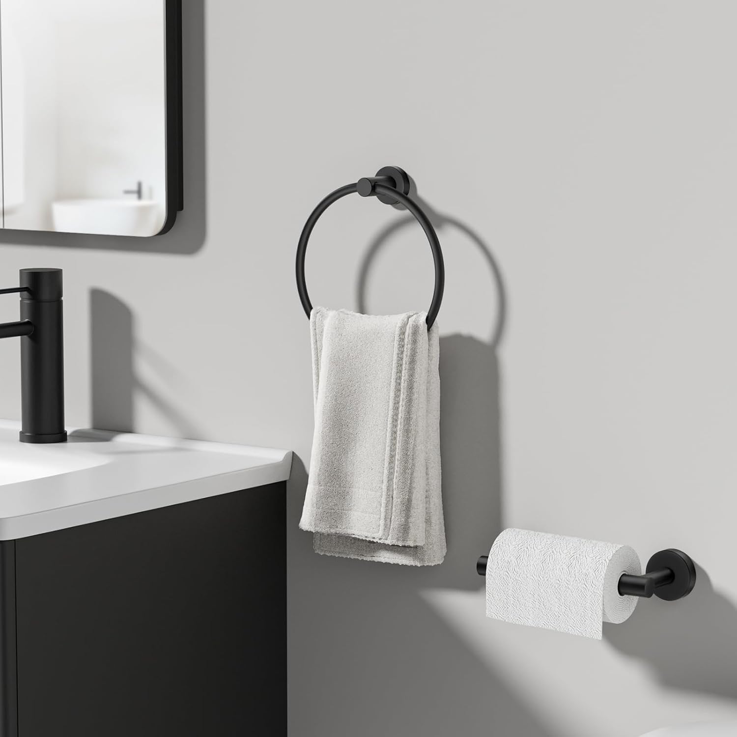 Toilet Paper Holder and Towel Ring Set 2PCS Wall Mount, Matte Black Bathroom Hardware Set, Stainless Steel Hand Towel Holder Toilet Paper Roll Holder Set, Bathroom Accessories for Bathroom Kitchen