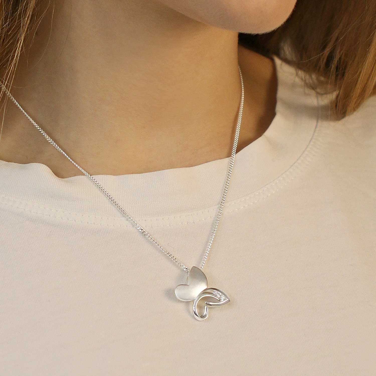 CLEVER SCHMUCK Damen Halskette Anhänger Schmetterling 22 mm 3 Zirkonia & Panzerkette 45 cm lang 925 STERLING 925 im Schmucketui creme