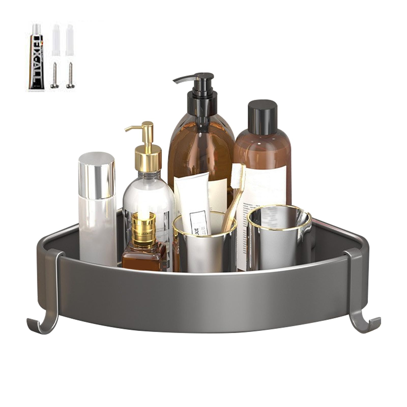 Wall Mounted Storage Tray Corner Shampoo Holder Shower Corner Wall Shelf Kitchen Bathroom Shelf with Hooks Tray Organizer Bathroom Kitchen Rust Proof