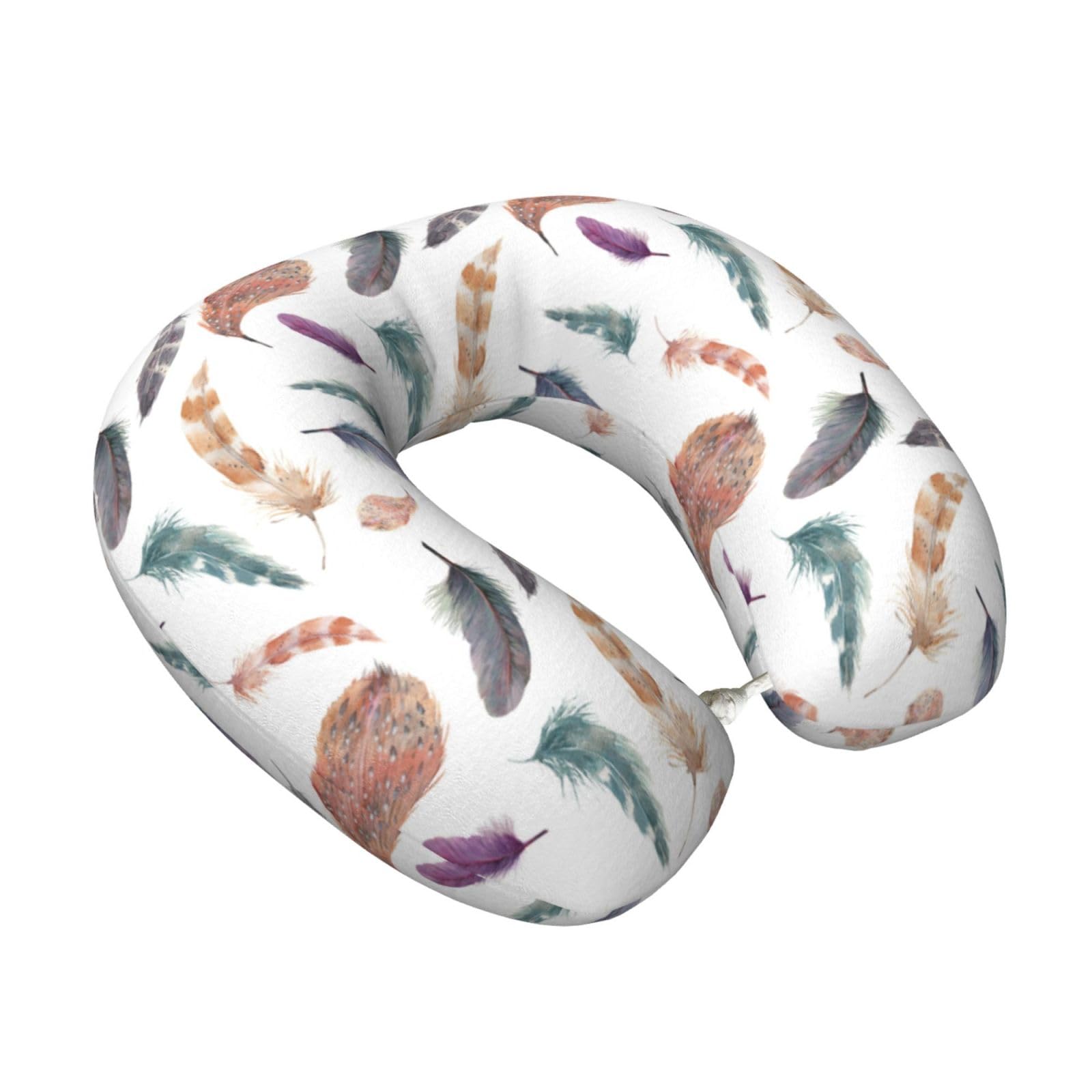 LKYMOH Watercolor Feather Pattern, Travel Neck Pillow U-Shaped Memory Neck Support Soft Comfortable With Washable Cover For Airplane Car Traveling and Office