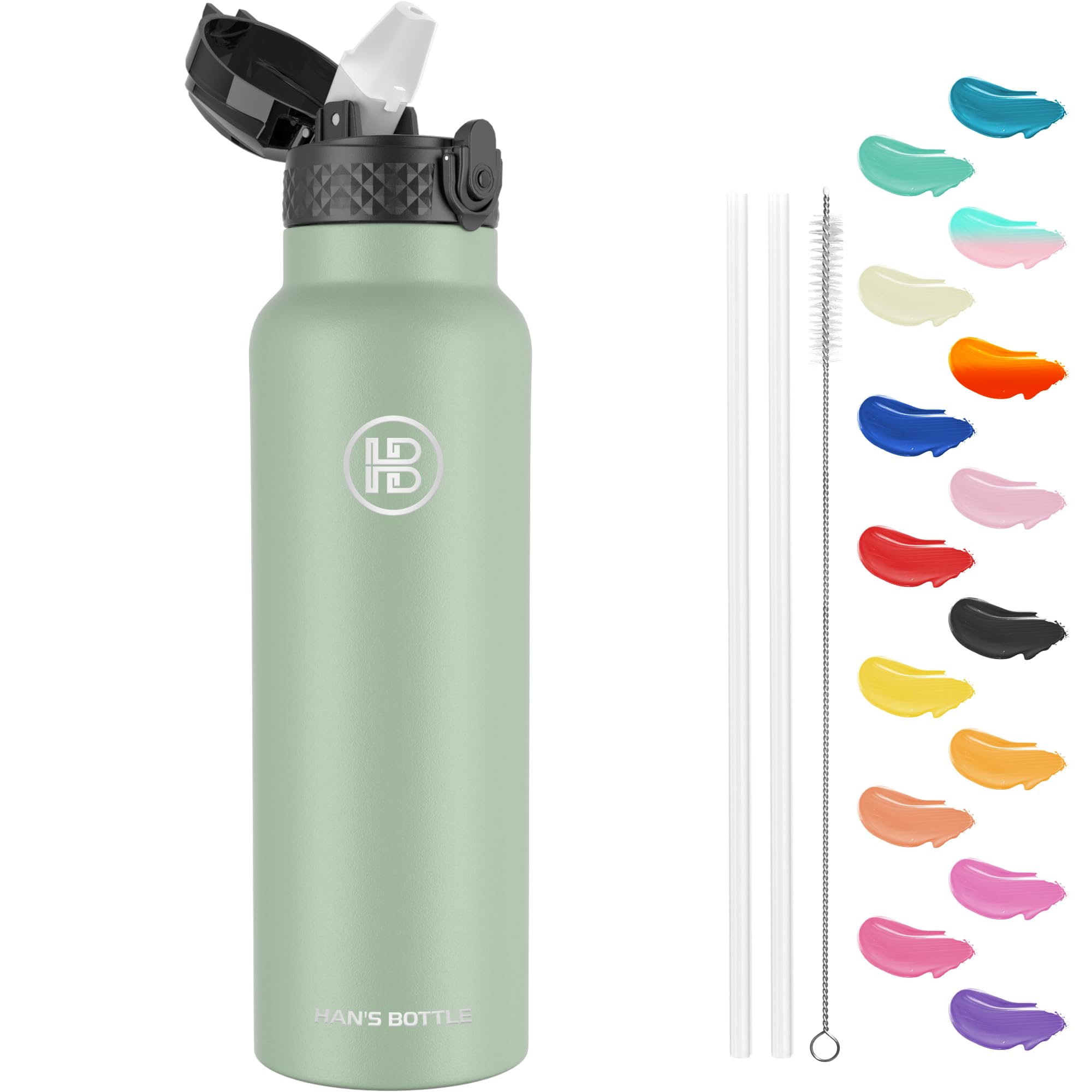 Han's Bottle Sports Water Bottle - 24 Oz, Straw Lid, Leak Proof, Vacuum Insulated Stainless Steel, Double Walled, Thermo Mug,Pine Green