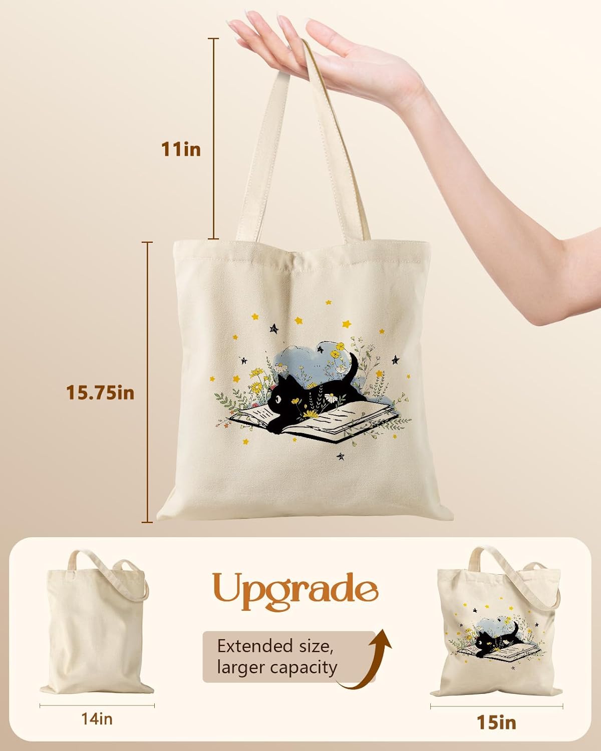 Canvas Tote Bag for Women – Aesthetic Canvas Bag with Zipper Cute Stylish Reusable Shoulder Totes for Shopping Work Daily Vacation, Cat Read - Image 2