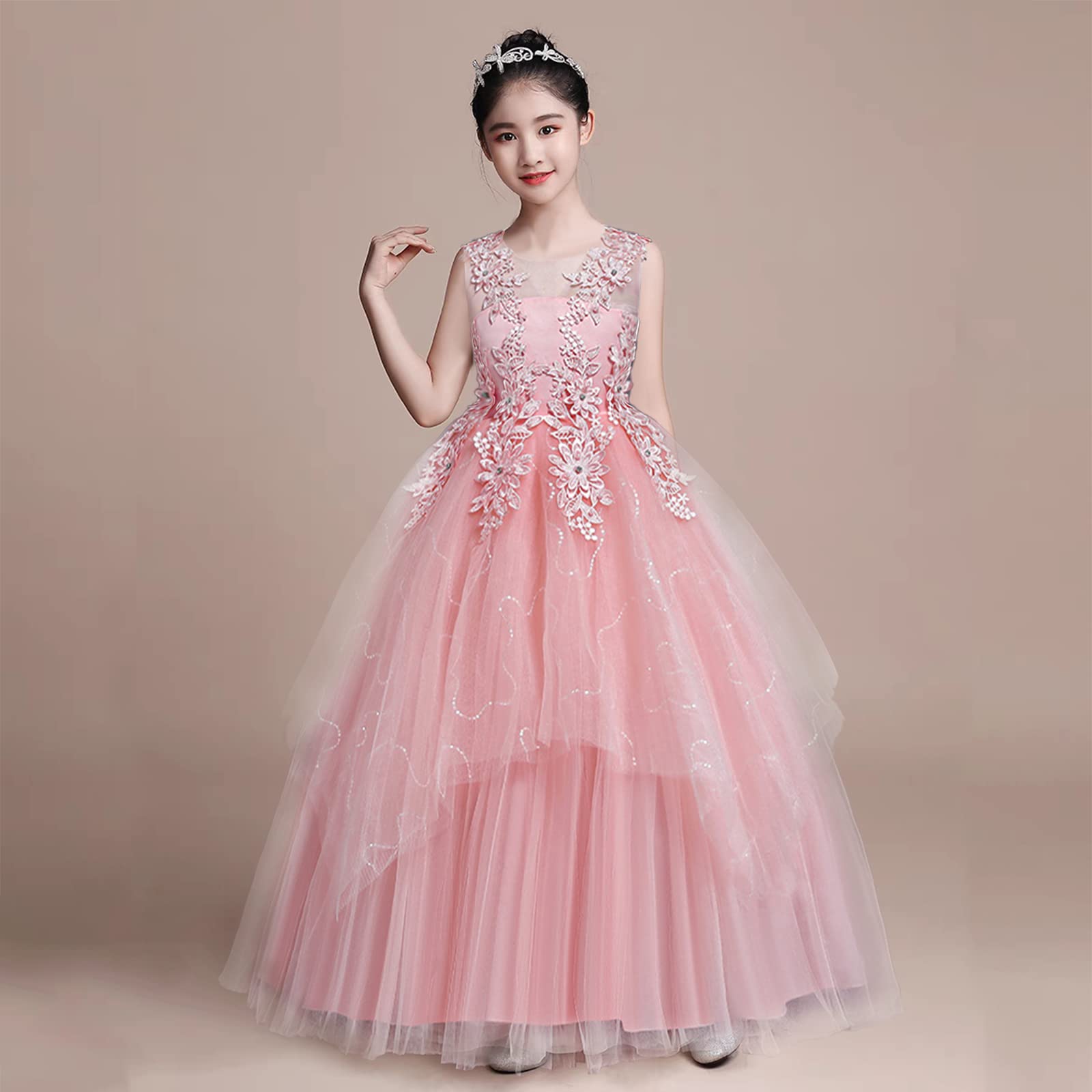 LOLANTA Vestito Cerimonia Bambina, Abito Fiori Prima Comunione Bambine, Vestiti da Ballo in Tulle di Pizzo Eleganti, Abito in Pizzo Floreale