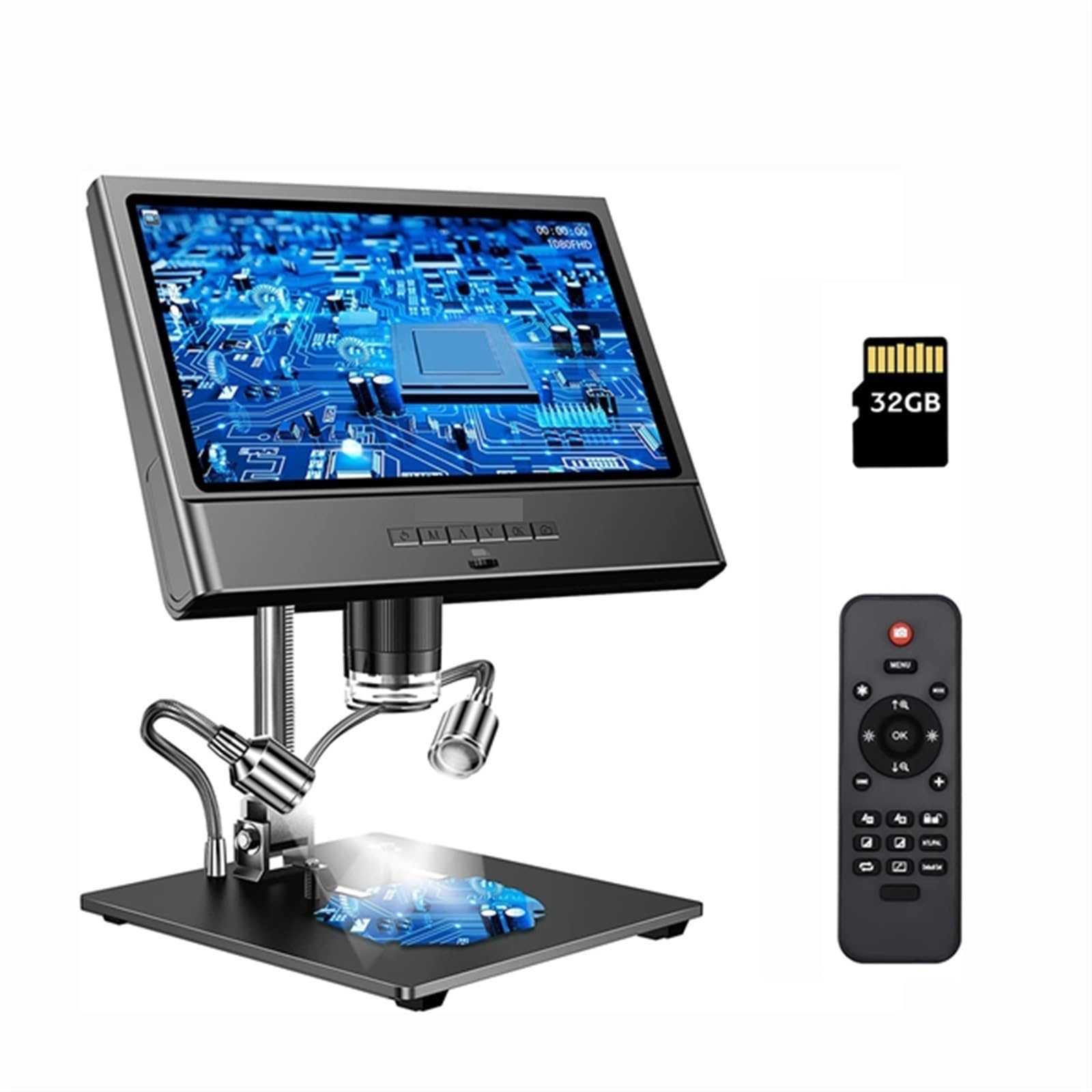 Microscopio, Microscopio Digital DM12 de 10 Pulgadas, microscopio Soldadura 1300X con Base Soporte Metal, cámara vídeo LED 12MP y 1080P