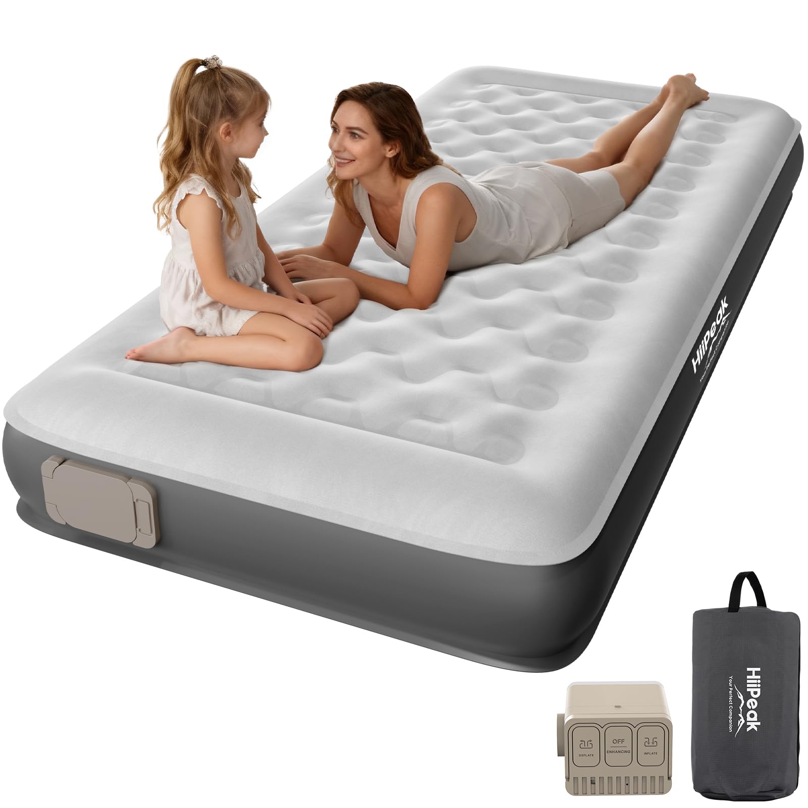 hiipeak twin air mattress bed with removable multi-function air pump, self inflatable tpu eco blow up bed, all night stability no lost air, no peculiar smell for camping, home, guests portable travel