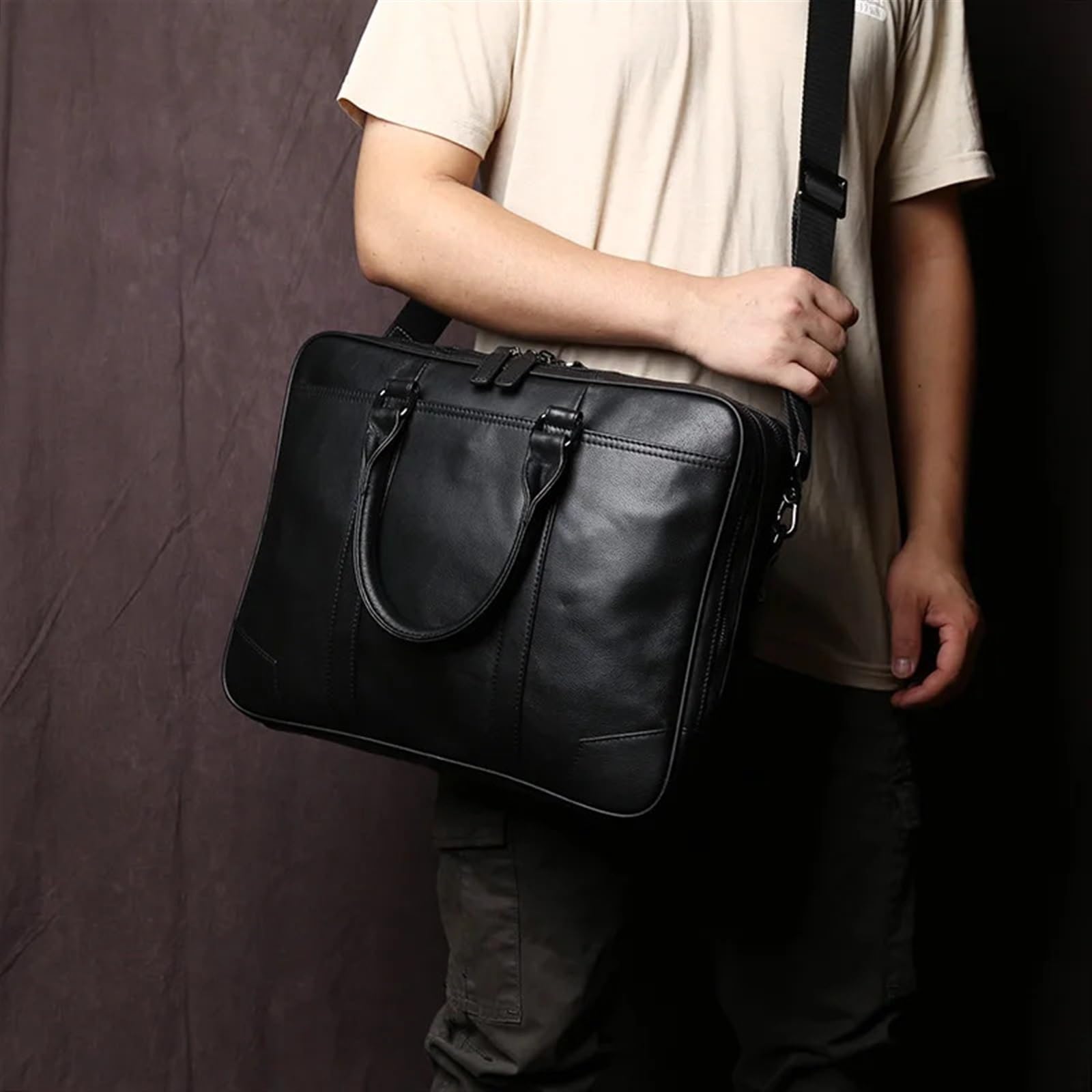 Borsa Per Pc Portatile Borsa a mano in pelle a tracolla orizzontale da uomo di grande capacità for computer lavoro in vacchetta primo strato