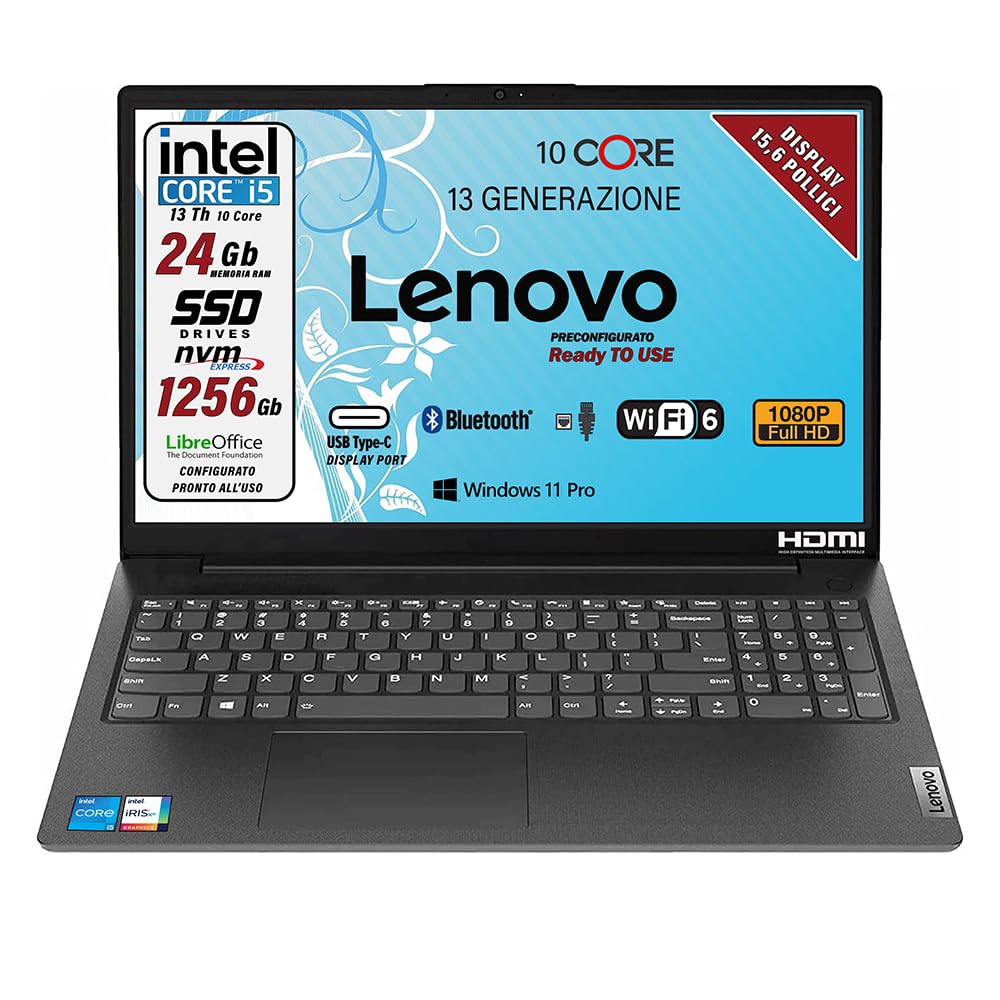 Lenovo, Pc portatile notebook, Cpu Intel i5 13Th, 13420H 8 Core, 24 Gb ram, Full HD 15,6", SSD Nvme da 256 Gb + SSD da 1 TeraByte, webcam, usb C, Win 11 Pro, pronto all'uso, garanzia Italia
