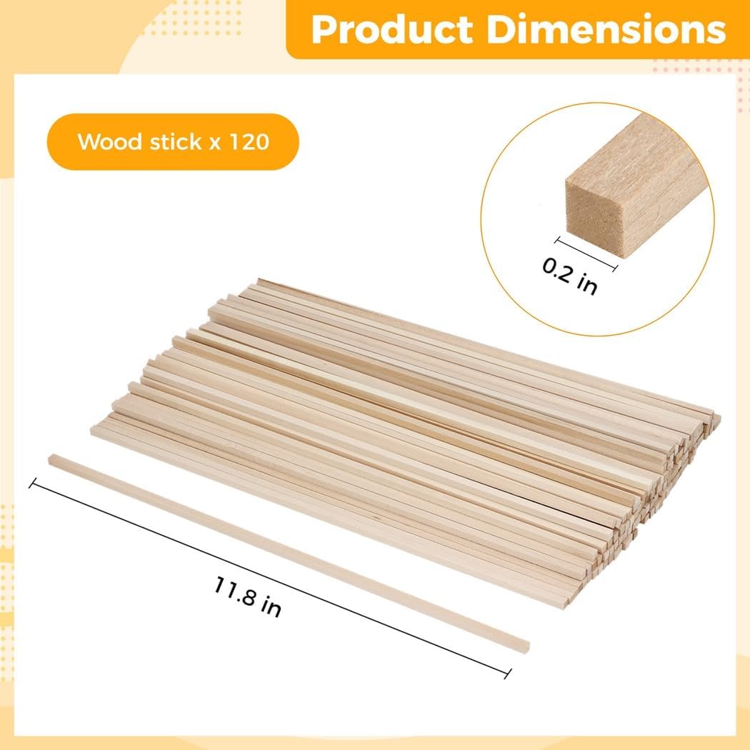 Generic Kids Hands-On Gifts, 120 Pcs Basswood Sticks, Wood Strips, 0.2 X 0.2 X 11.8 in, DIY Craft, Unfinished Hardwood Square Wooden Dowels