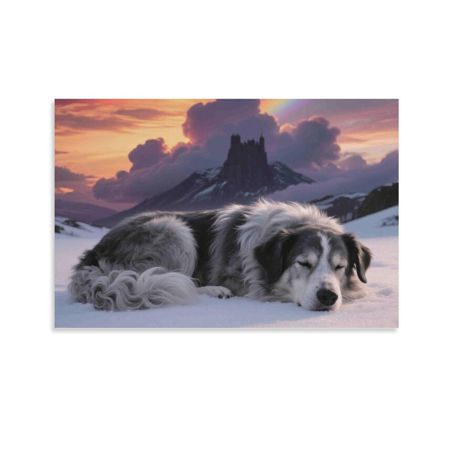 CPLVKWRQJ Sleeping Dog Snowscape Single Piece Fluffy Dog Sleeping Snowy Sunset Mountain Canvas Art - Kitchen Canvas Wall Decor Removable Multi-Purpose Ready to Hang 24x36inch(60x90cm)