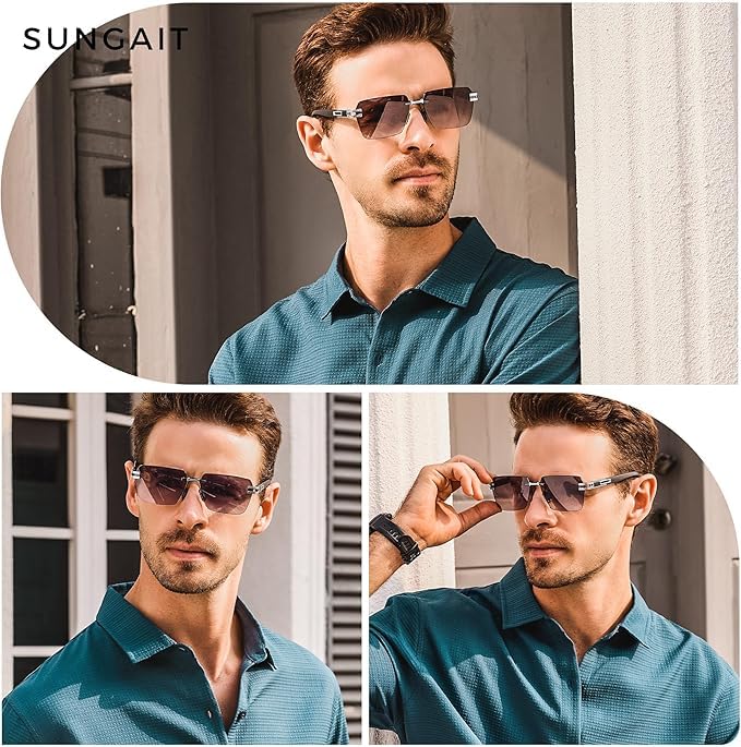 Image of SUNGAIT Rimless Rectangle Sunglasses Square Frameless Shades for Men Women Y2K Vintage UV Protection
