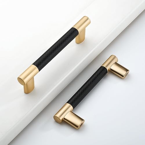 Paquete de 10 manijas de gabinete de cocina con agujero central de 3-34 pulgadas (3.780 in) negro y dorado, tiradores de gabinete de cocina,