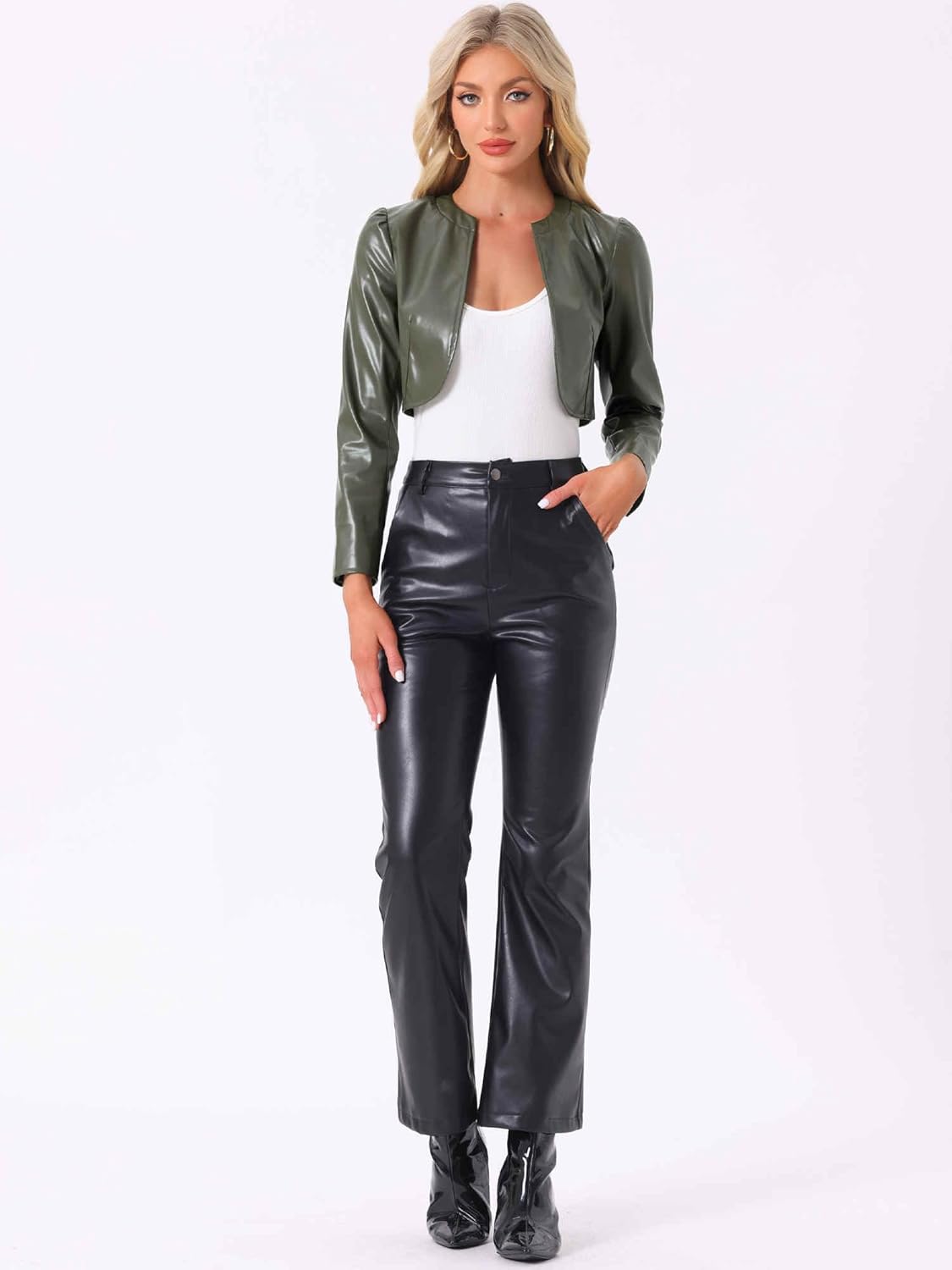 Allegra K Faux Leather Jacket for Women's Open Front Long Sleeve PU Cropped Leather Jacket Coat - Image 5