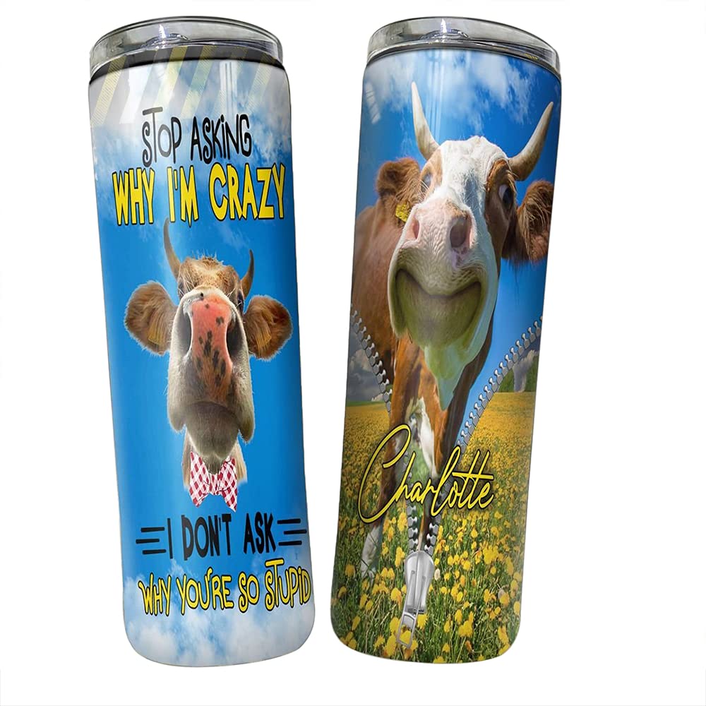 600 Ml Tea Cup Cow Stop Asking Why I'm Crazy Thermal Coffee Cup Stainless Steel Tumbler with Straw and Lid Thermo Cup Gifts for Mom Christmas Dad