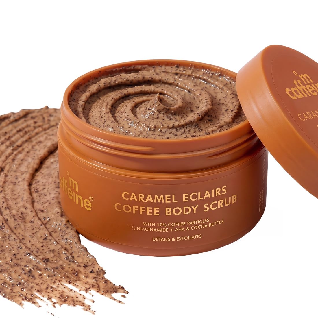 mCaffeine Caramel Eclairs Coffee Body Scrub for Removing Tan & Dead Skin| 10% Coffee Grounds, AHA- Glycolic & Lactic Acid | Smooth, Soft & Bright Skin| Sweet Caramel Fragrance - 175g