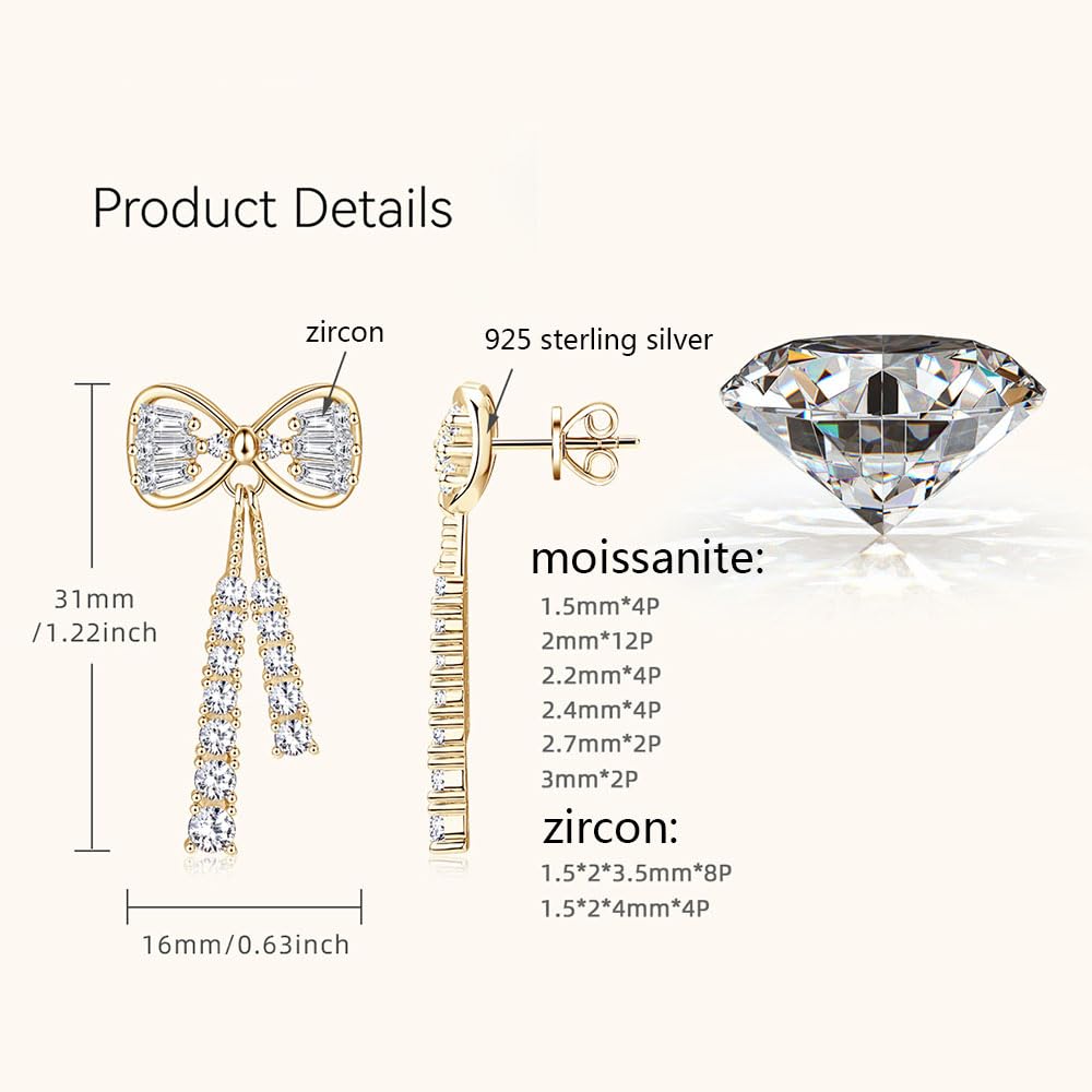 WBDWWTD Sterling Silber & Gold Schleife Ohrringe Ohrhänger Moissanit für Frauen Geburtstag Schmuck Geschenke