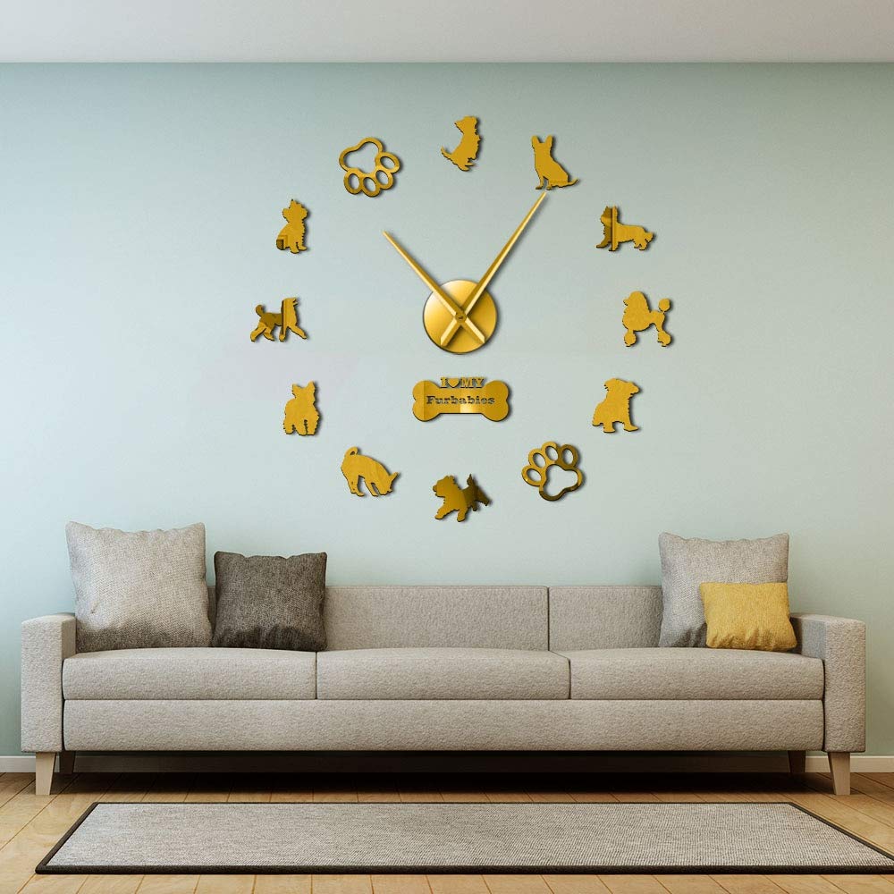 Horloge murale géante Chien pour habiller un grand mur vide avec style acrylique or