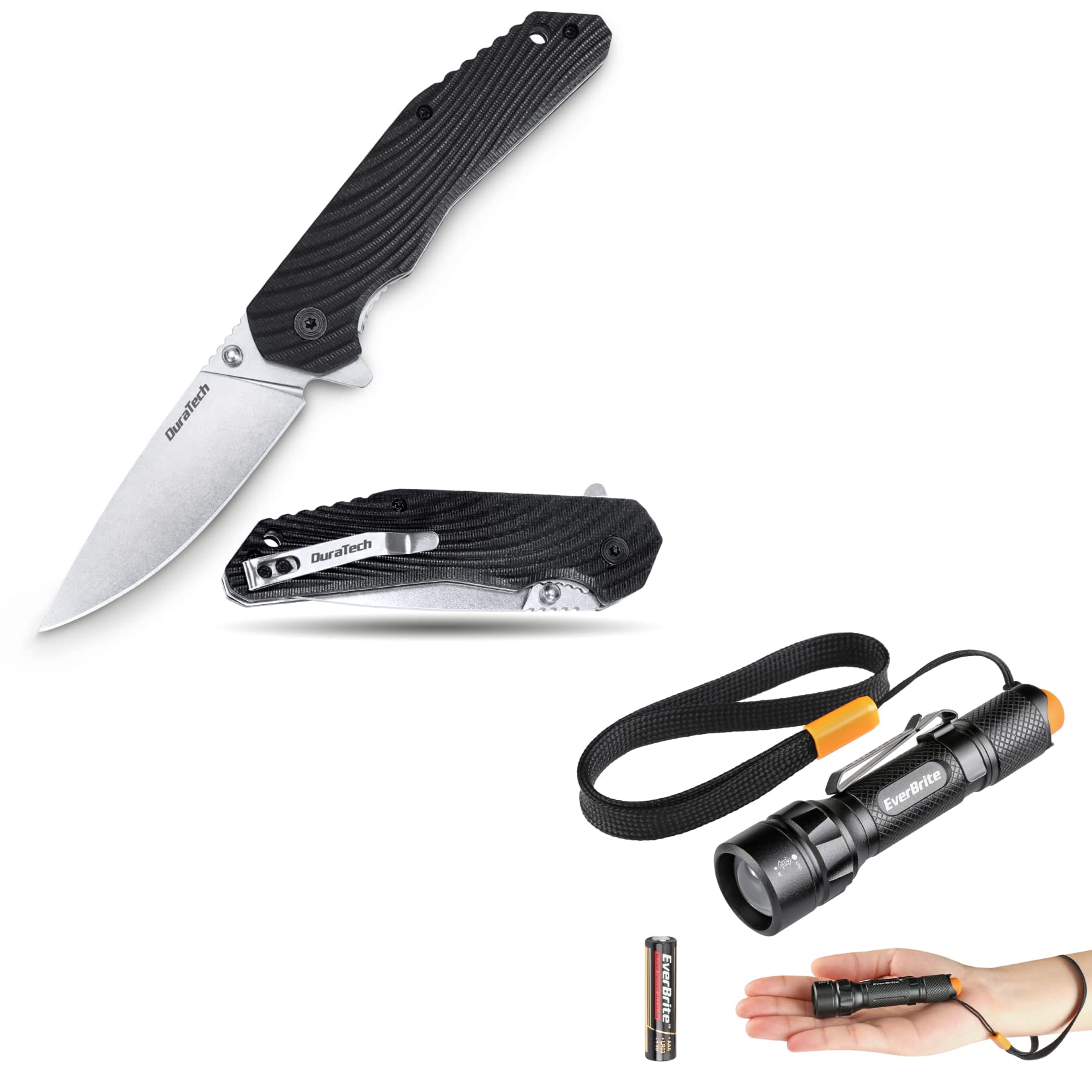 DURATECH 3-1/4" Folding Pocket Knife + EverBrite Mini Aluminum LED Flashlight — Stainless Steel Blade & Compact Keychain