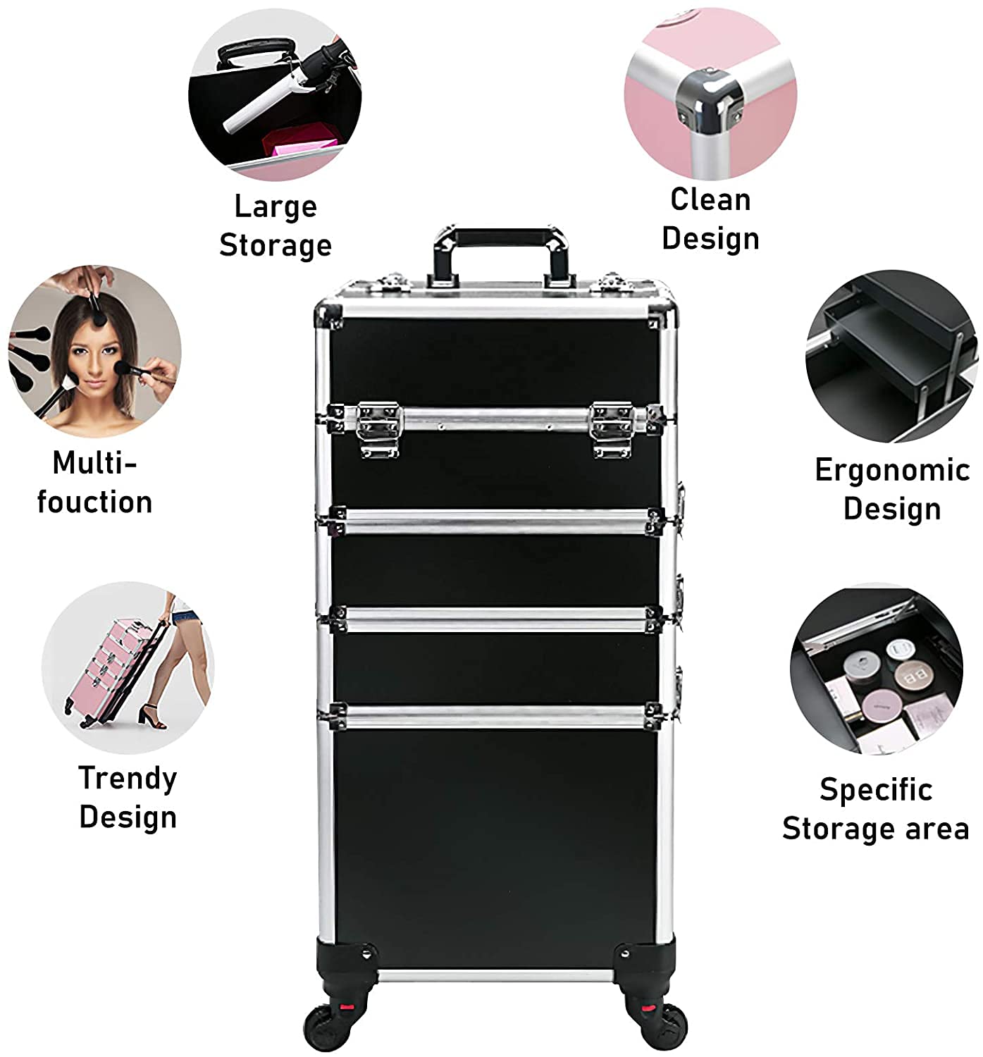 ADSON Professional Hairdressing Case Makeup Box Aluminium Cosmetic Vanity Trolley 4 In 1 Make-Up Nail Art Case Box With 360° Wheels (Black) 1